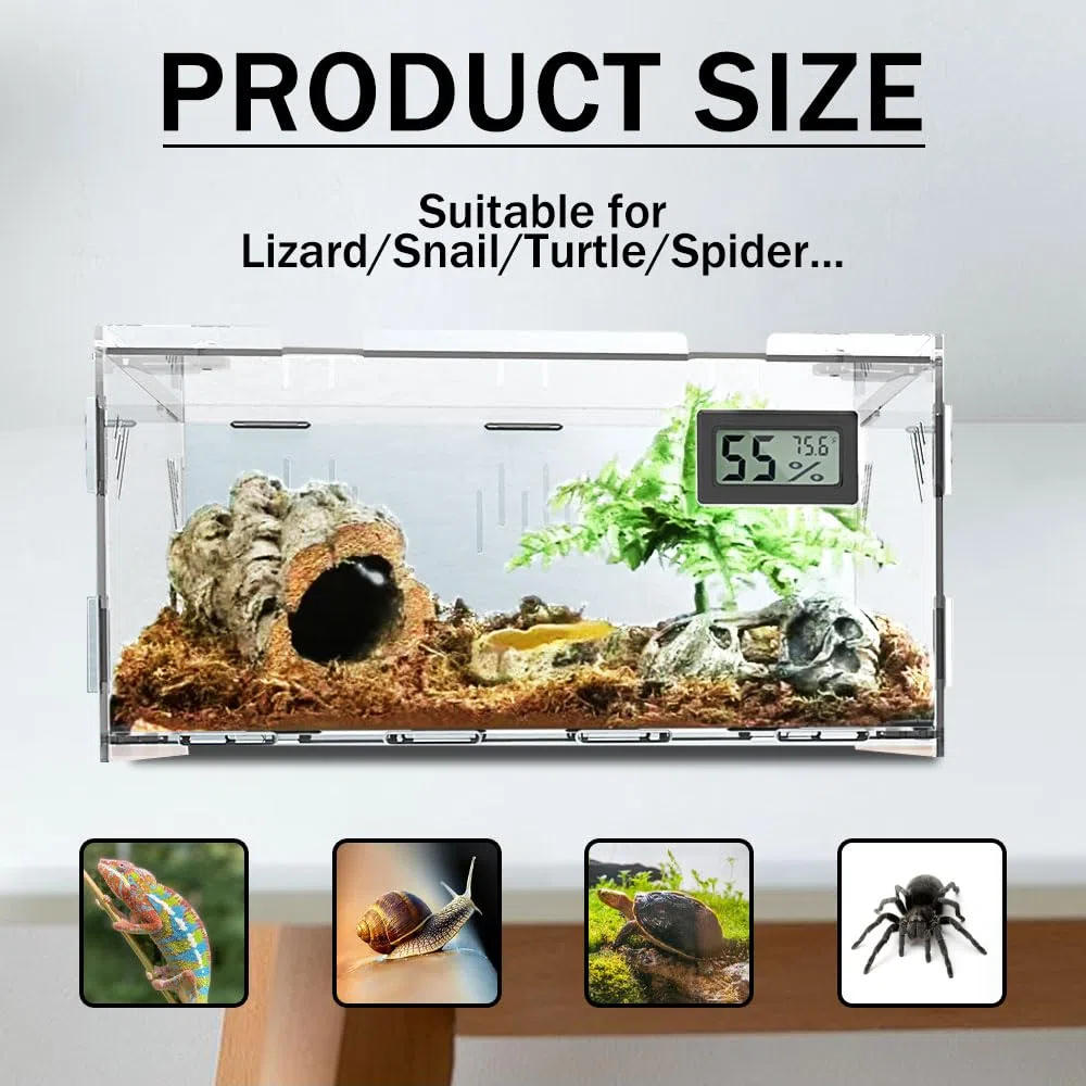 Terrarios de reptiles, con higrómetro de temperatura, 15.7 x 9.9 x 7.1 pulgadas, caja de cría de reptiles acrílicos, tanque de jaula de terrario para reptiles pequeños, insectos, oficina en casa