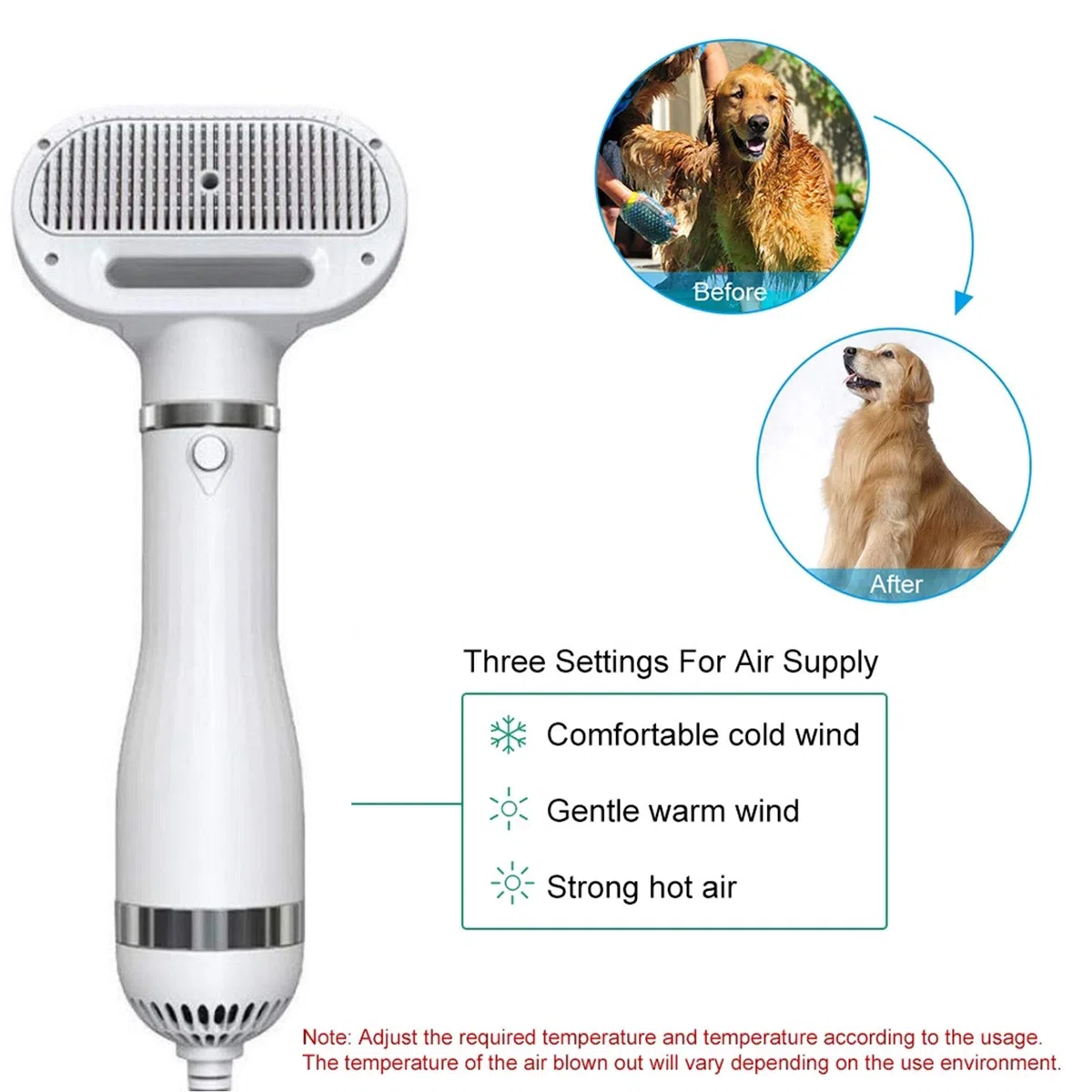 Peine Cepillo Mascotas Secador de Pelo Perros, 2 en 1 300 W Potente soplador, Mango ergonómico con 3 Engranajes de Temperatura para Perros Gatos Animales pequeños (Blanco)