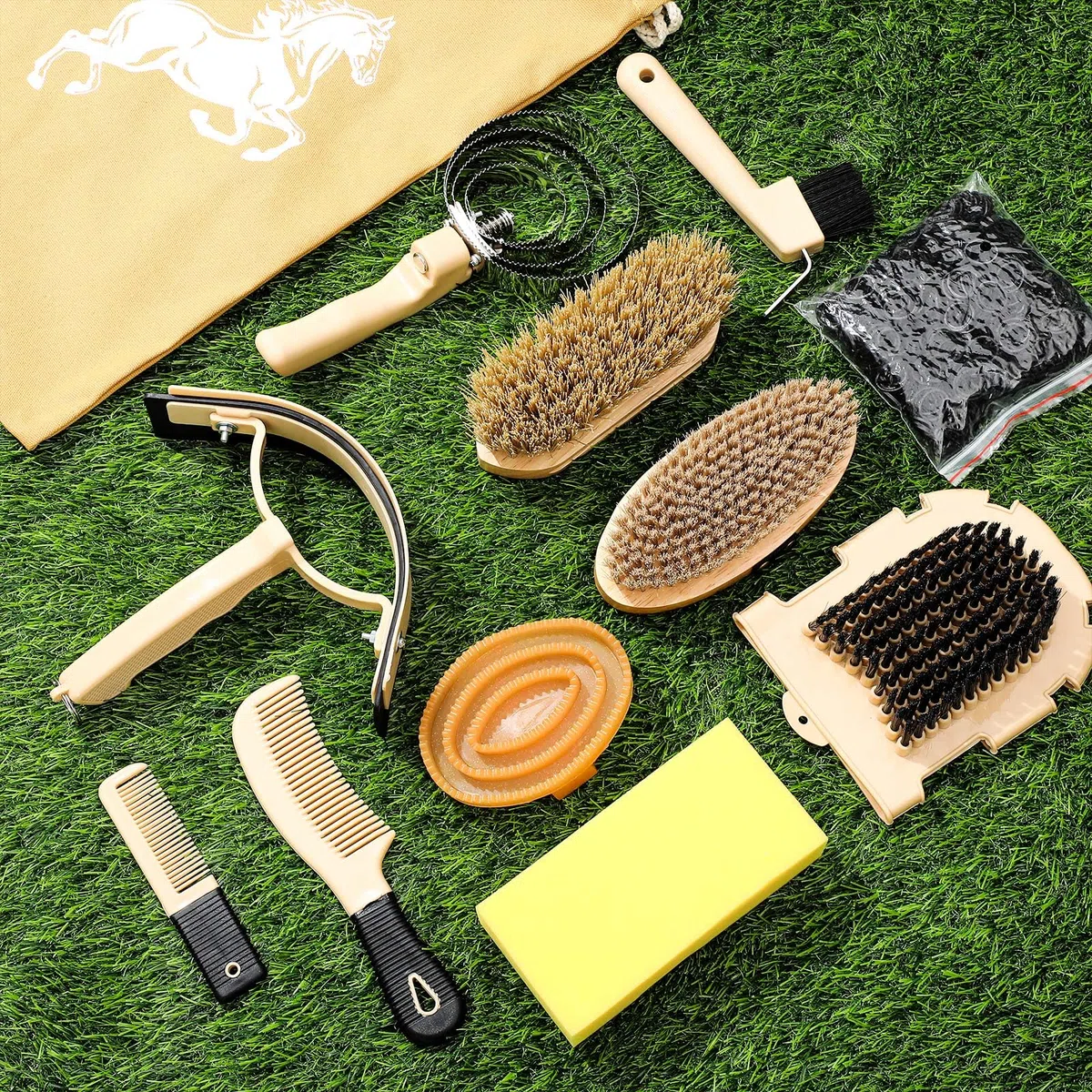 Abbylike Kit de aseo de caballos de 12 piezas, juego de cepillos para caballo, serie Equine Care, juego de cepillos para caballos con bolsa organizadora, herramientas de masaje (caqui)