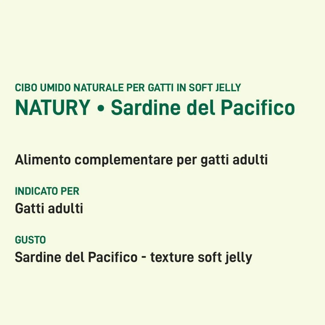 Oasy - Mascotas húmedas para gatos naturales con sabor a sardinas del Pacífico, suaves pelusas naturales de Soft Jelly para gatos adultos de todos los tamaños y razas | 12 latas de 85 gramos cada una.