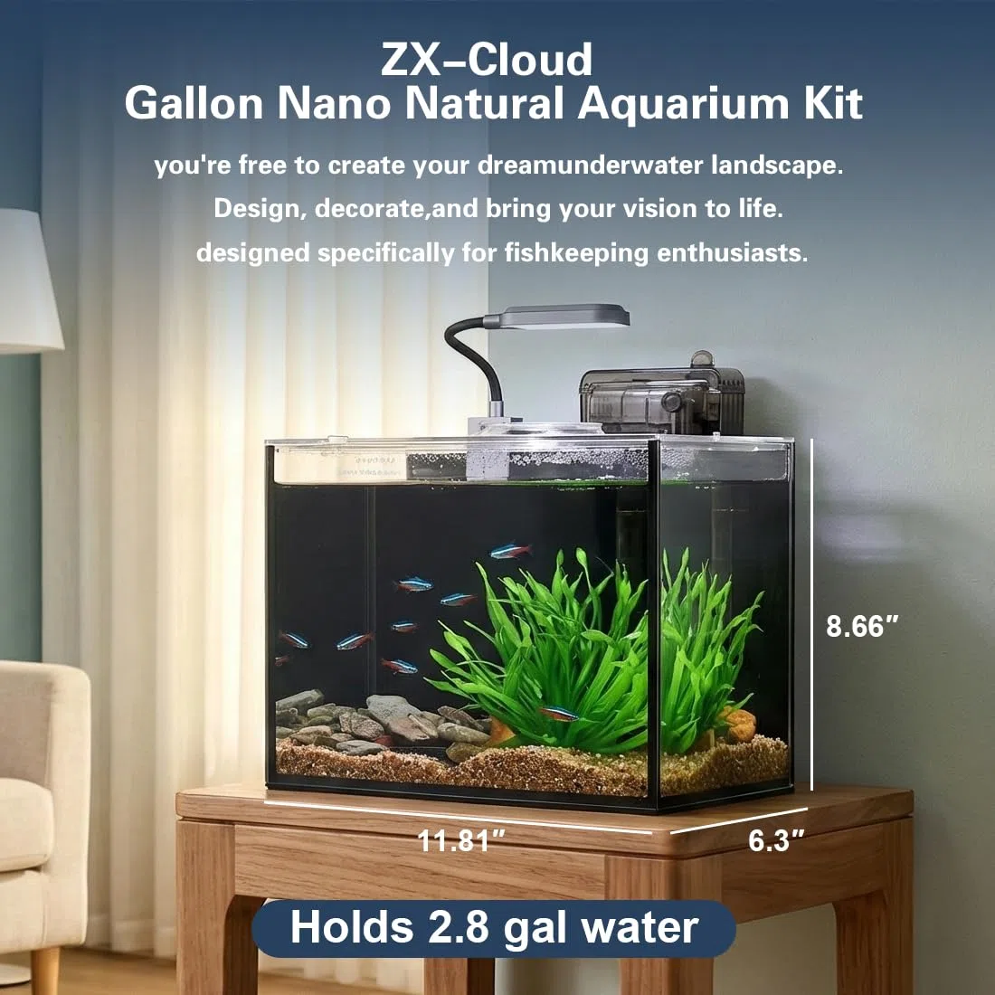 Betta - Tanque de peces, kit de iniciación de acuario, kit de pecera de 2.8 galones, acuario pequeño, acuario pequeño, nano acuario ultra transparente con luz, filtro, adoquines, arena y plantas