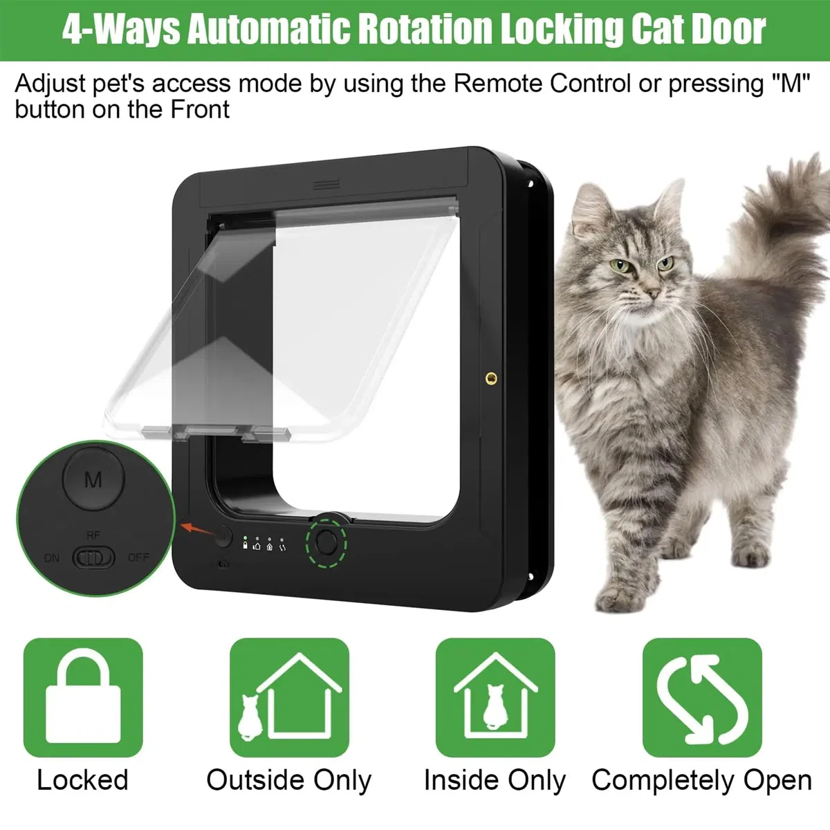 Gatera con Microchip, Puerta Inteligente para Gatos, con 2 Collares con Sensor y 1 Mando a Distancia, tamaño de Apertura: 7.7 * 8.3 in, para Gatos, Cachorros（Negro）