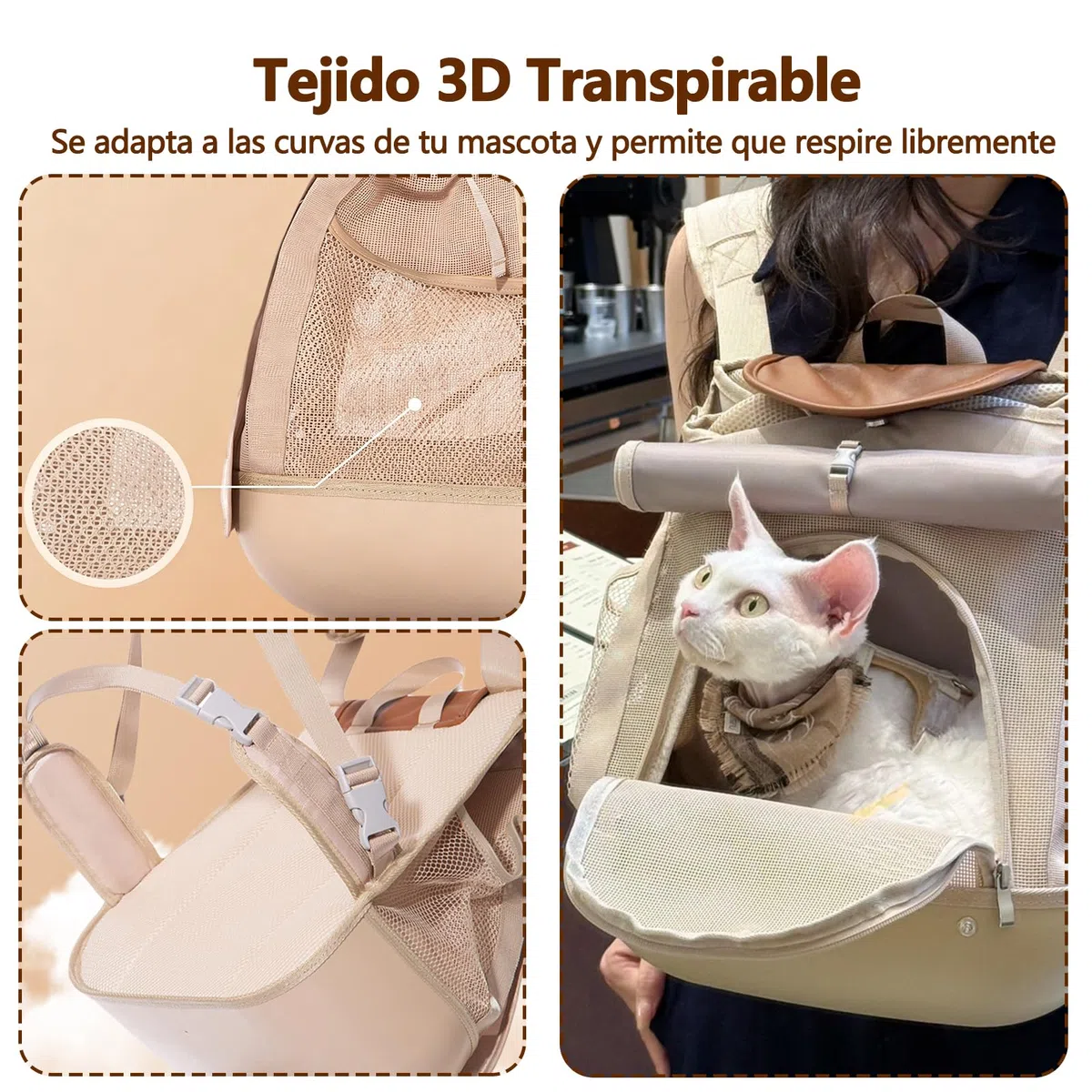 Galatée Mochila para Mascotas, Bolso Pequeño y Portátil para Perros y Gatos, Resistente, Base Que No Se Deforma, Diseño Transpirable para Evitar La Sensación De Bochorno, Plegable (Beige Claro)