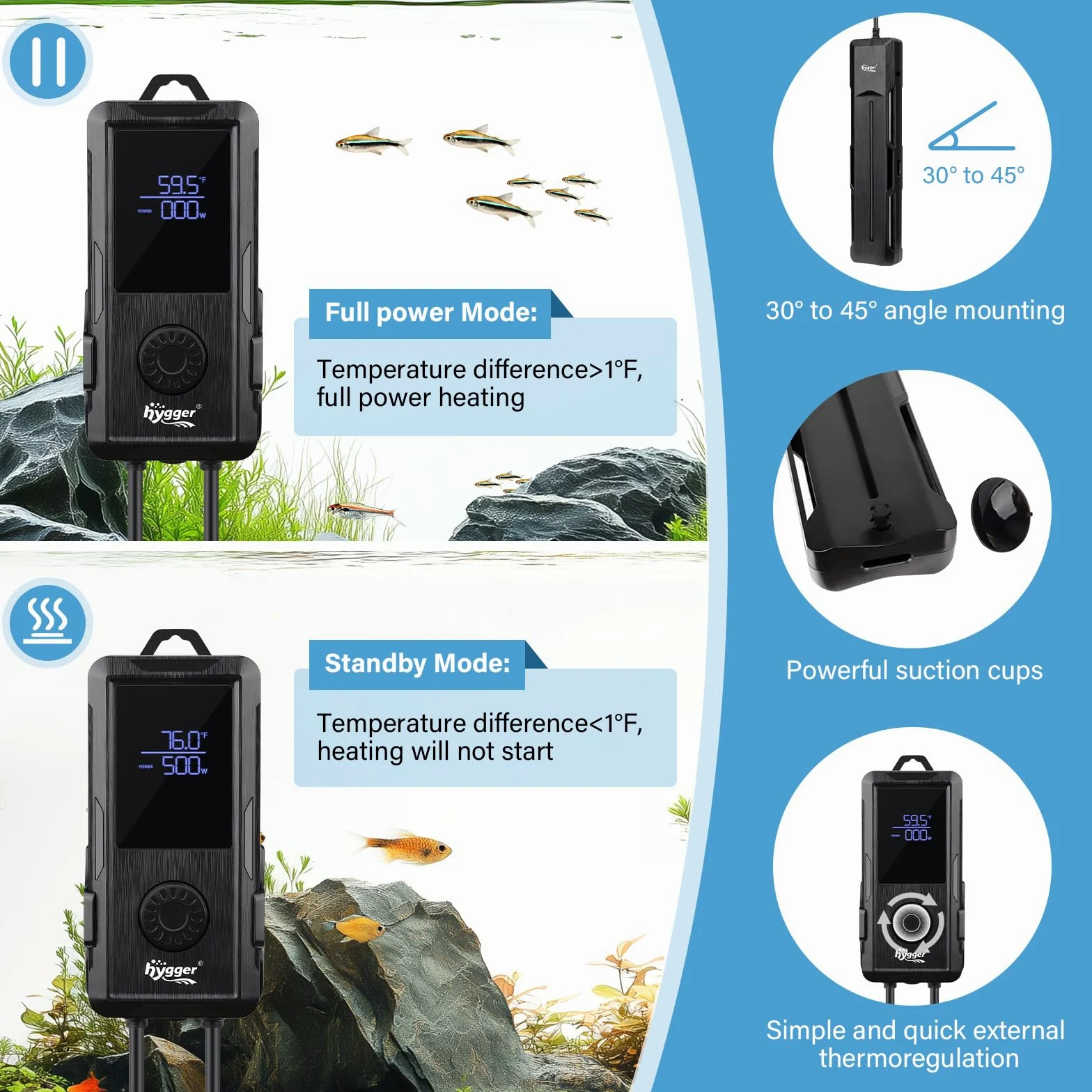Hygger - Calefacción para acuario (800 W, calefacción sumergible, para acuario, temperatura ajustable, con controlador de pantalla digital, LED, 800 W)