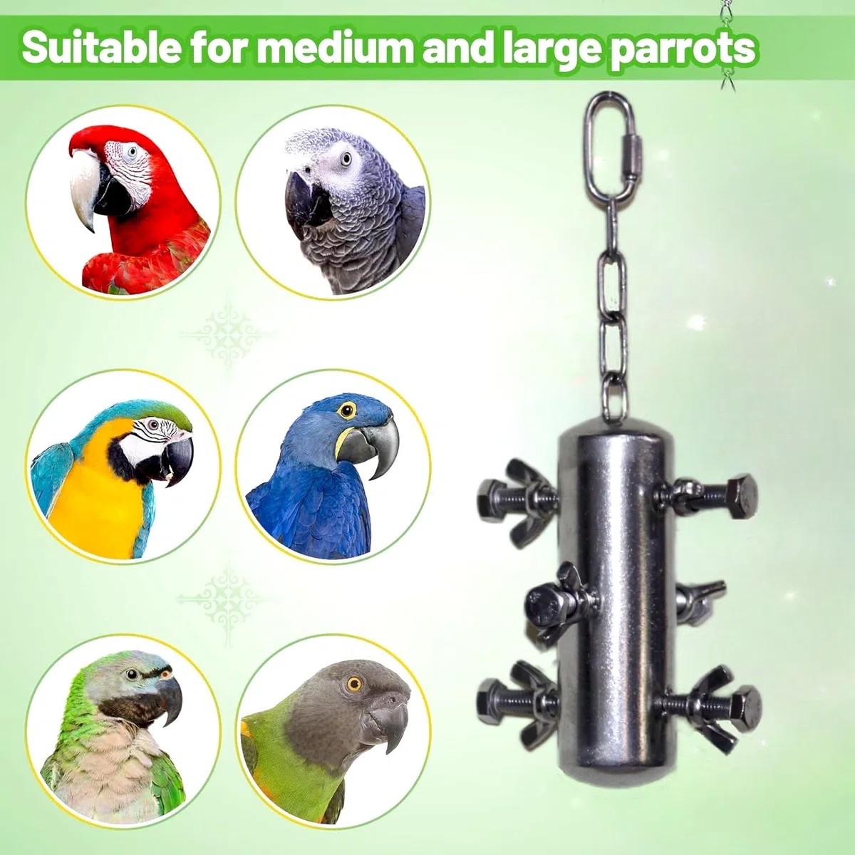 Juguetes de loro de acero inoxidable, juguetes colgantes para loros, juguetes de guacamayos de campana, juguetes interactivos para pájaros de forraje, juguetes grandes para pájaros para