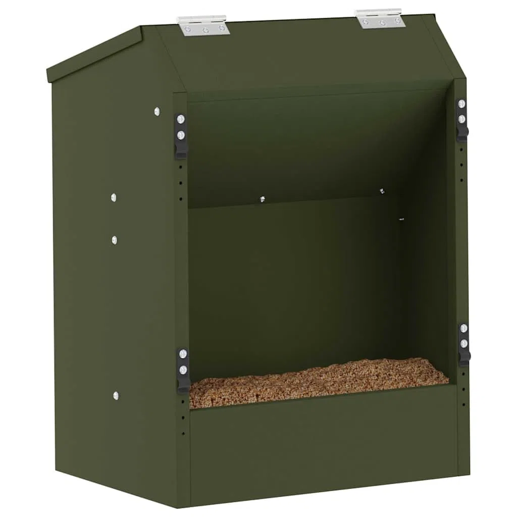 Comedero para conejos verde oliva de acero laminado en frío, 33,5 x 25,5 x 45,5 cm, resistente a la intemperie, con clips y agujeros para interior y exterior, capacidad de 3 kg, estable y fácil