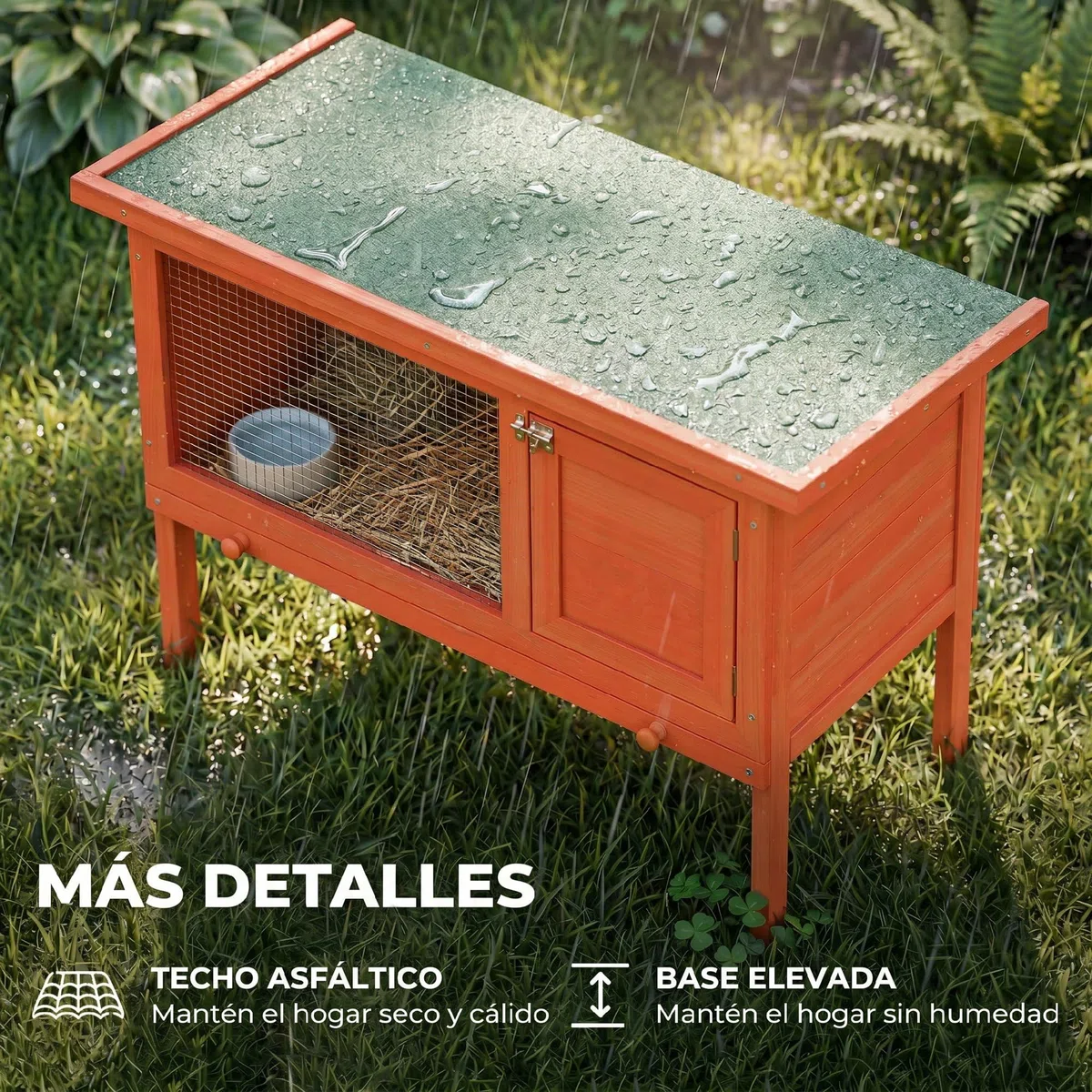 PawHut Conejera de Madera Techo Asfáltico Abatible 90x45x65 cm Naranja