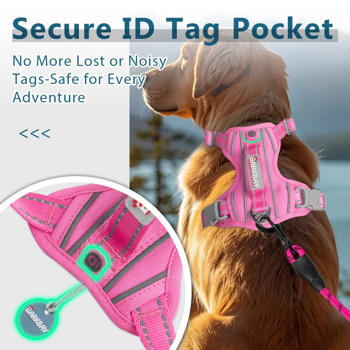 BARKBAY Arnés antitirones con Clip Frontal para Perro, Resistente, Reflectante, asa de fácil Control para pasear Perros Grandes, Bolsillo para Etiqueta de identificación (Rosa, L)