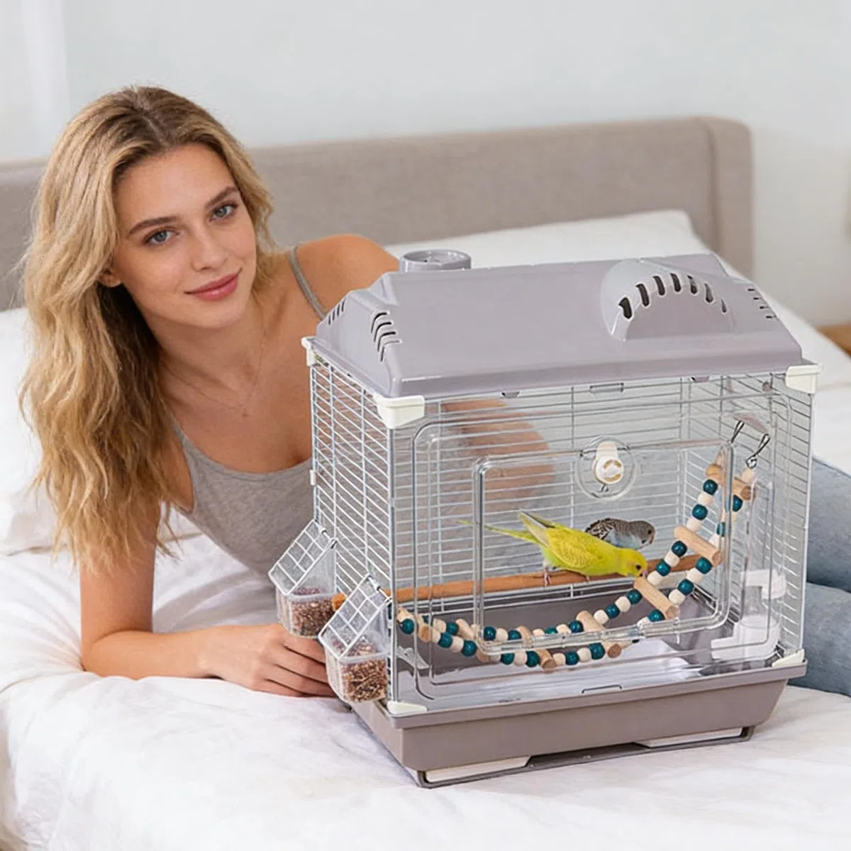 Transportín de Viaje para Aves Transportín Portátil y Transpirable | Jaula Portátil con Bebedero y Percha Para Viajes Exteriores Camping Visita Al Veterinario Avión Y Hogar