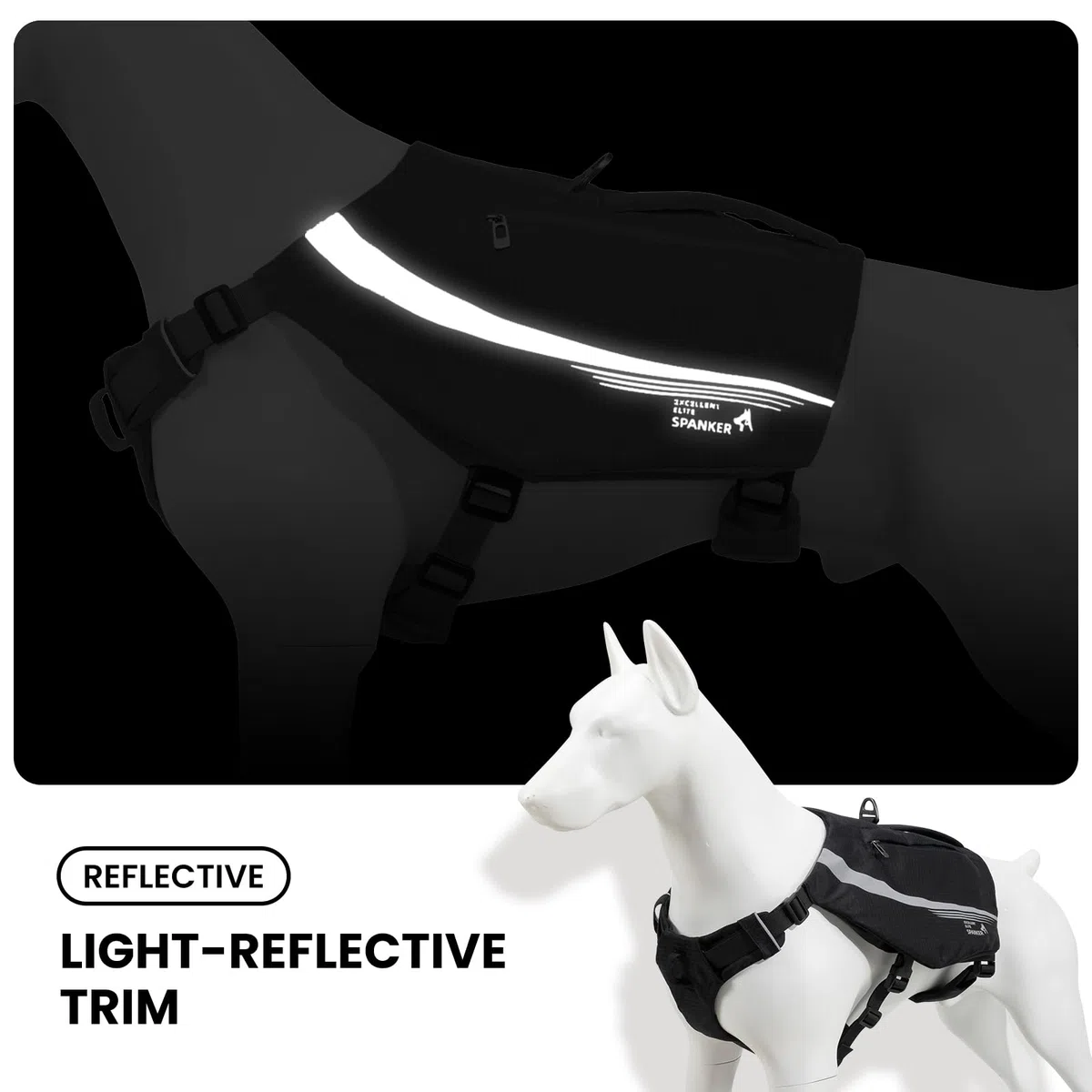 EXCELLENT ELITE SPANKER Mochila reflectante en forma de Y con bolsillos con asa, sin tirones, anillos en D, equipo ligero de senderismo para perros, caza, camping, viajes (negro)