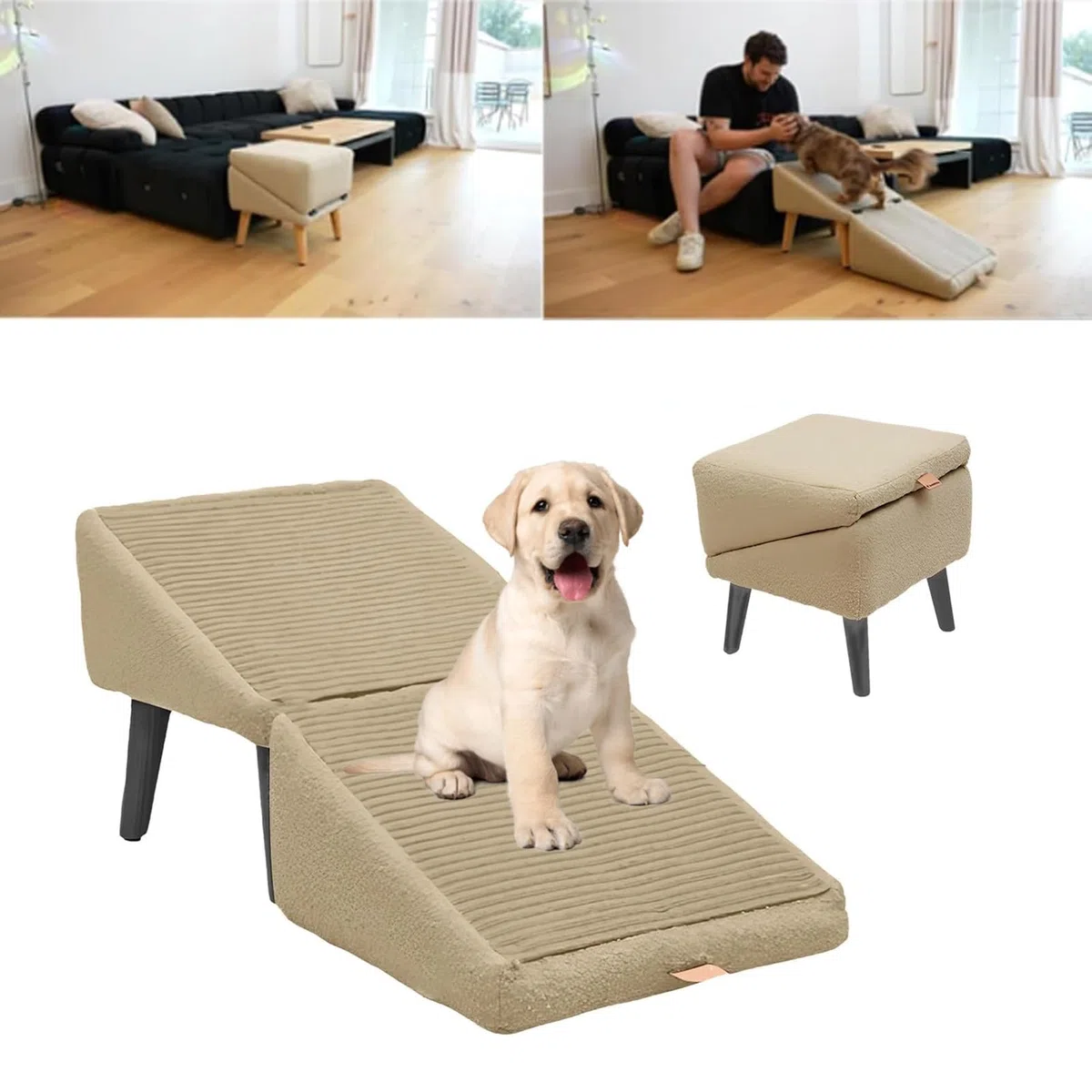 Rampa Otomana Dividida para Perros, Rampa Y Otomana Todo En Uno, Escalera Multifuncional para Perros, Rampa Y Otomana Plegable, Rampas para Camas De Perros Grandes Y Pequeños(Khaki)