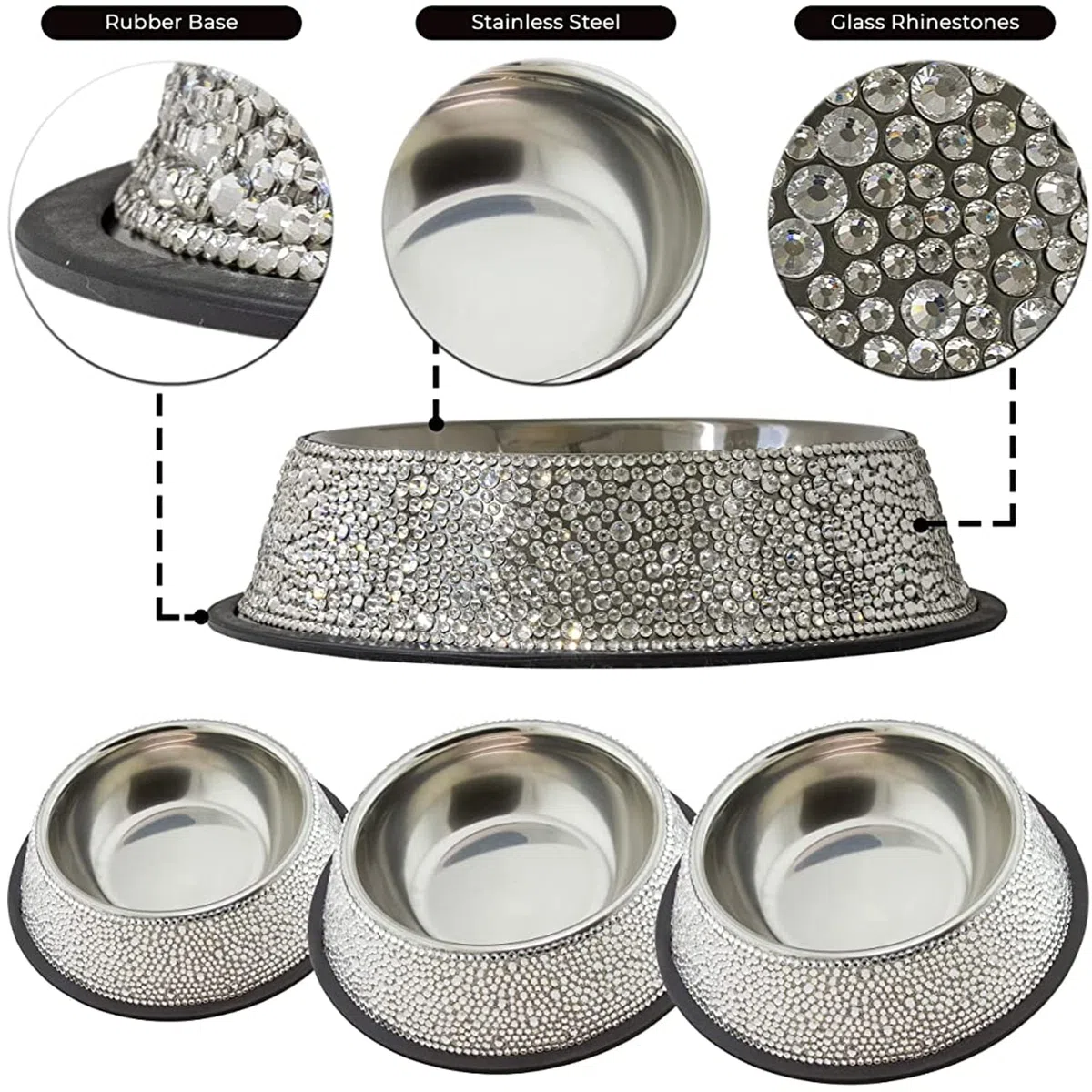 Cuenco para mascotas, diamantes de imitación brillantes en acero inoxidable, base antideslizante, para gatos, perros, otras mascotas, alimentos y agua, plata, mediano, se vende por separado