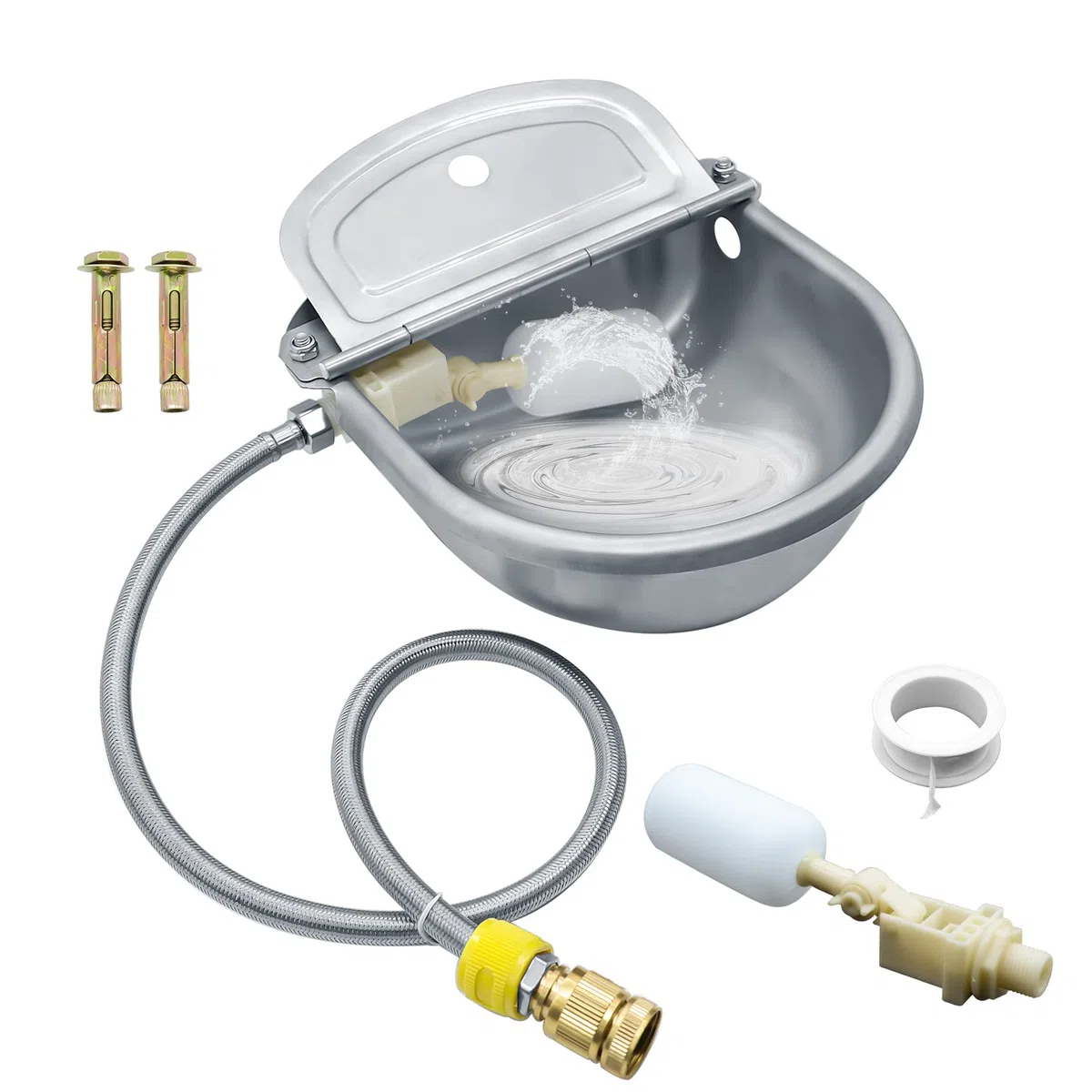 Cuenco automático de agua potable para animales, de acero inoxidable 304 para perro, caballo, cabra, cerdo, vaca, dispensador de agua de ganado con manguera de tubo, 2 válvulas flotantes, conector