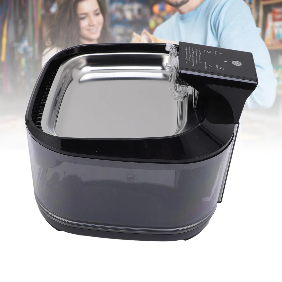 AMONIDA Fuente para Mascotas de 4,5 L, Fuente de Filtración de Circulación Silenciosa, de Cuenco de Acero Inoxidable, Ideal para Perros y Gatos (Black)
