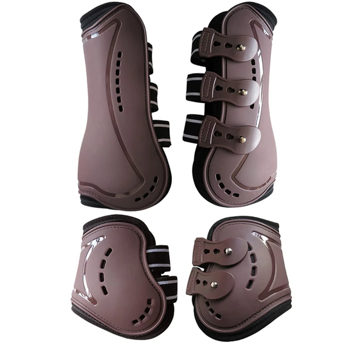 Botas de caballo con frente abierto, botas deportivas con tendón de salto trasero, protección segura para las piernas, suministros clásicos equinos, juego de 4 (marrón, L)
