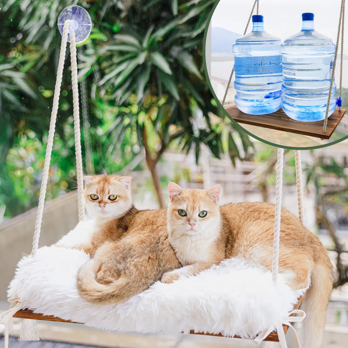 Percha de Ventana para Gatos Grandes, Hamaca para Gatos Pesados de Interior, Asiento de Madera Maciza, 5 ventosas Fuertes, cojín Suave, Estante rústico para Mascotas en el Interior