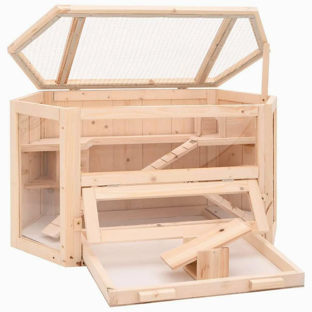 Jaula para hámster de madera, 80 x 40 x 43 cm, madera de abeto | Casa de roedores para sala de estar con panel frontal acrílico para observación y bañera extraíble para una fácil limpieza.
