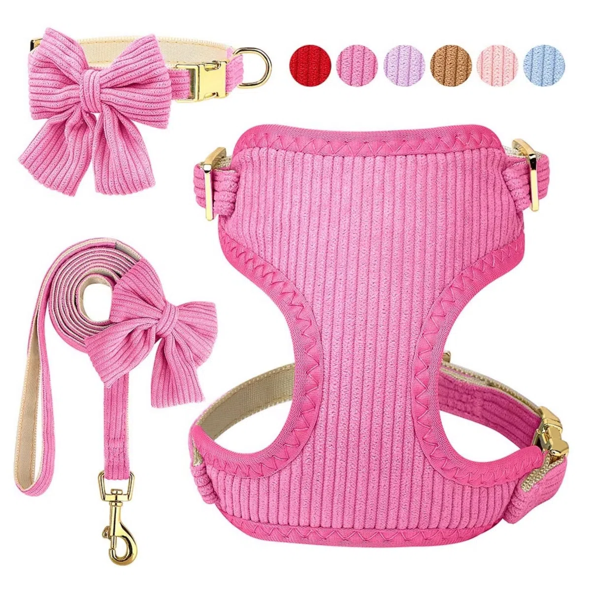 Juego de arnés y correa para perros medianos y pequeños, 3 collares y correas ajustables con pajarita, chaleco acolchado de malla suave transpirable para cachorros y perros pequeños, rosa, M