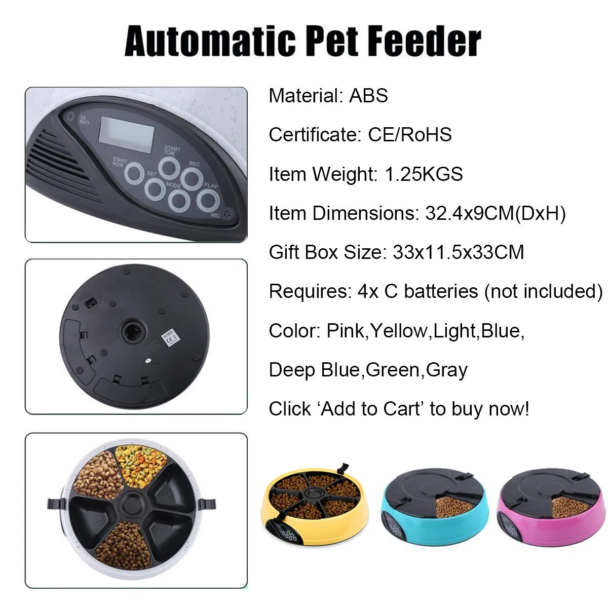 PETCUTE Comedero automático de gatos y dispensador de alimentos para mascotas con grabadora de voz (6 comidas / día programable) Blanco