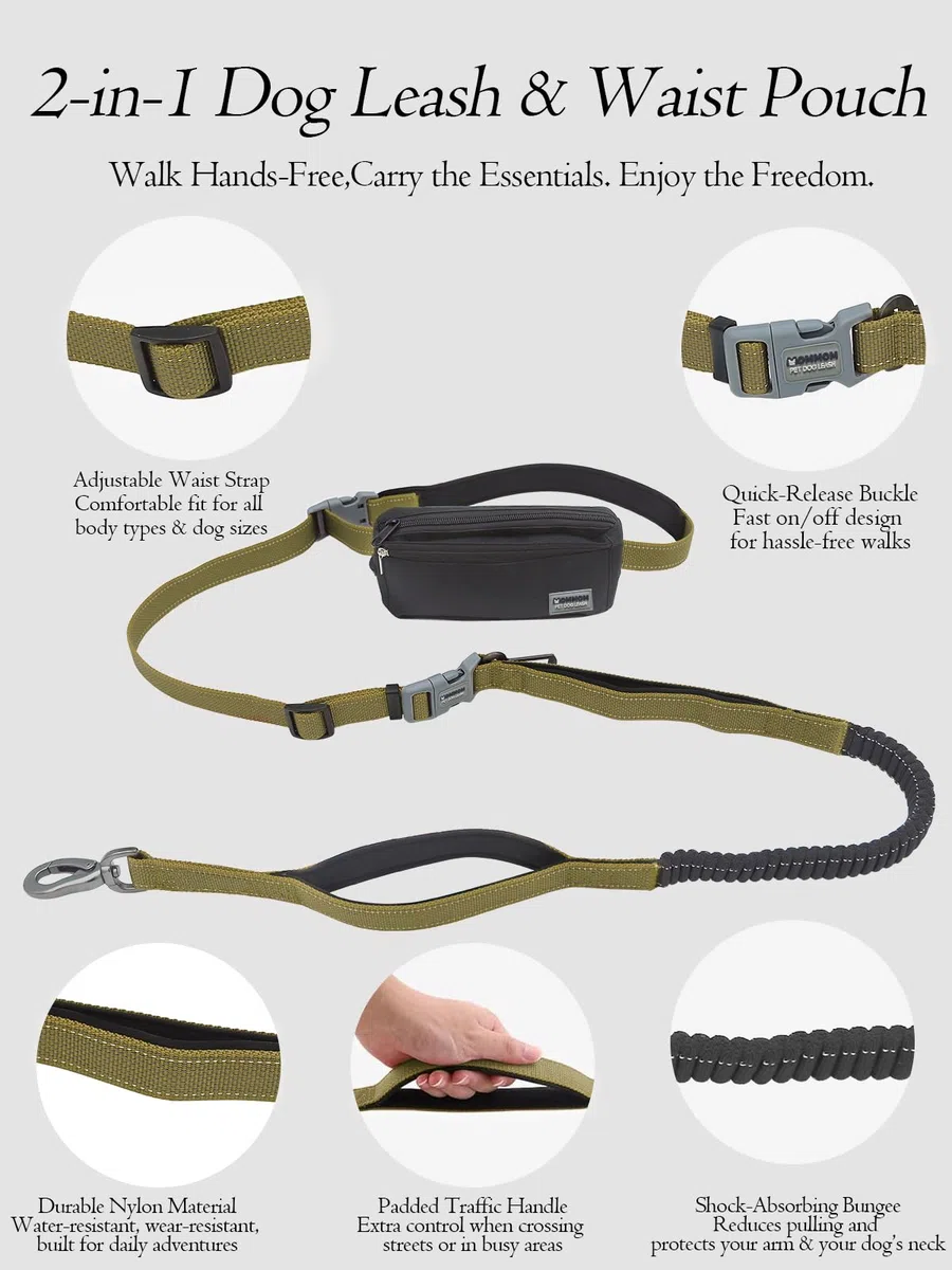 Correa para perro manos libres con bolsa con cremallera y cinturón de cintura, correa elástica reflectante duradera con asas acolchadas dobles para caminar, trotar y correr, se adapta a perros