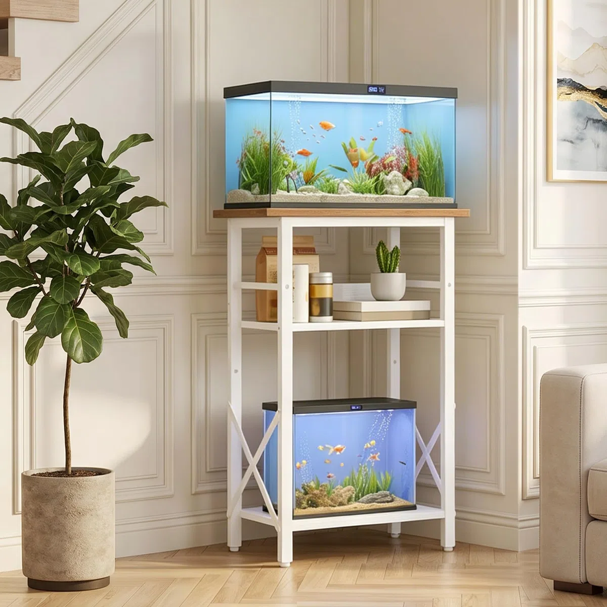HOOBRO Soporte para Acuario de 3 Niveles, Soporte para Pecera de 37,8 L, con Espacio de Almacenamiento, Marco Metálico, para Sala de Estar, Estudio, Oficina, Blanco y Nogal EWH52FT01