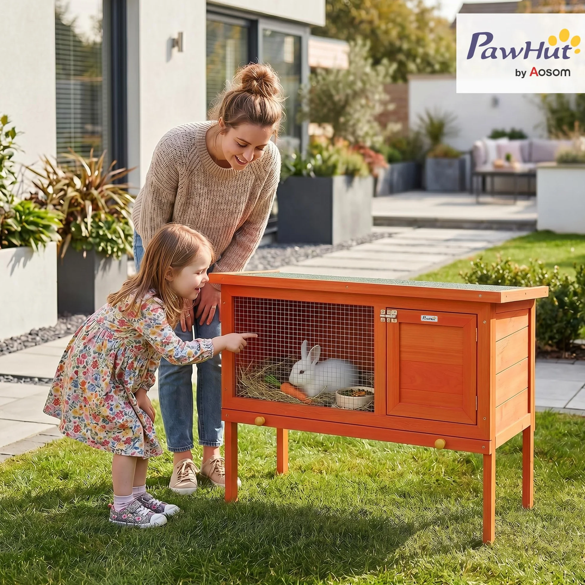 PawHut Conejera de Madera Techo Asfáltico Abatible 90x45x65 cm Naranja