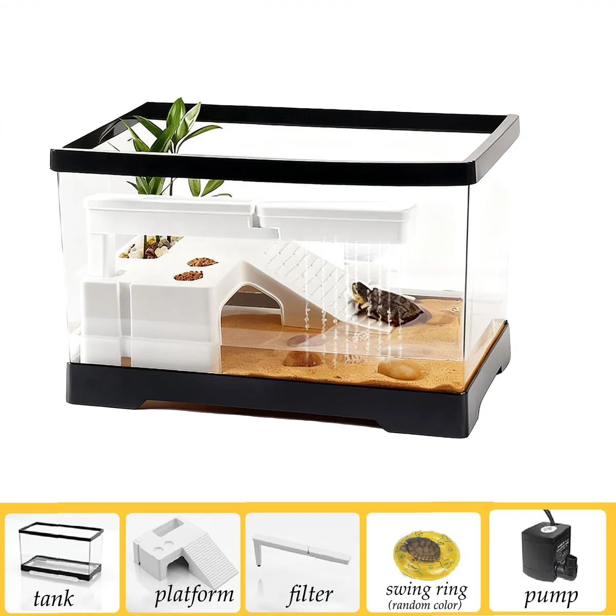 Acuario de tortuga con plataforma para tomar el sol, lluvia, juguete de criatura acuática, anillo de natación de 30 x 18 x 17,5 cm, kit de hábitat de tortuga para tortugas pequeñas y peces (pequeño)