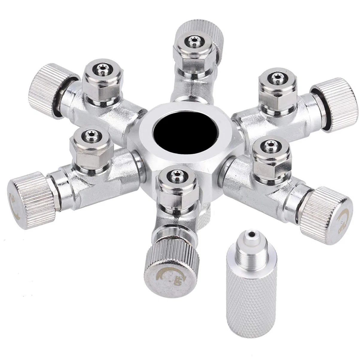 Válvula divisora ​​de CO2 para acuario de 2 vías Distribuidor de CO2 de acero inoxidable de aleación de aluminio con válvulas de aguja independientes Conector de manómetro Diseño (6 pases)