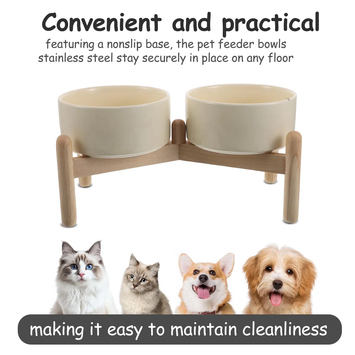 Hemobllo Juego de Cuencos Elevados para Perros Pequeños, Doble Tazón de Cerámica 850 Ml con Soporte de Madera Antideslizante 15,5 Cm, Comedero Elevado para Comida y Agua de Mascotas