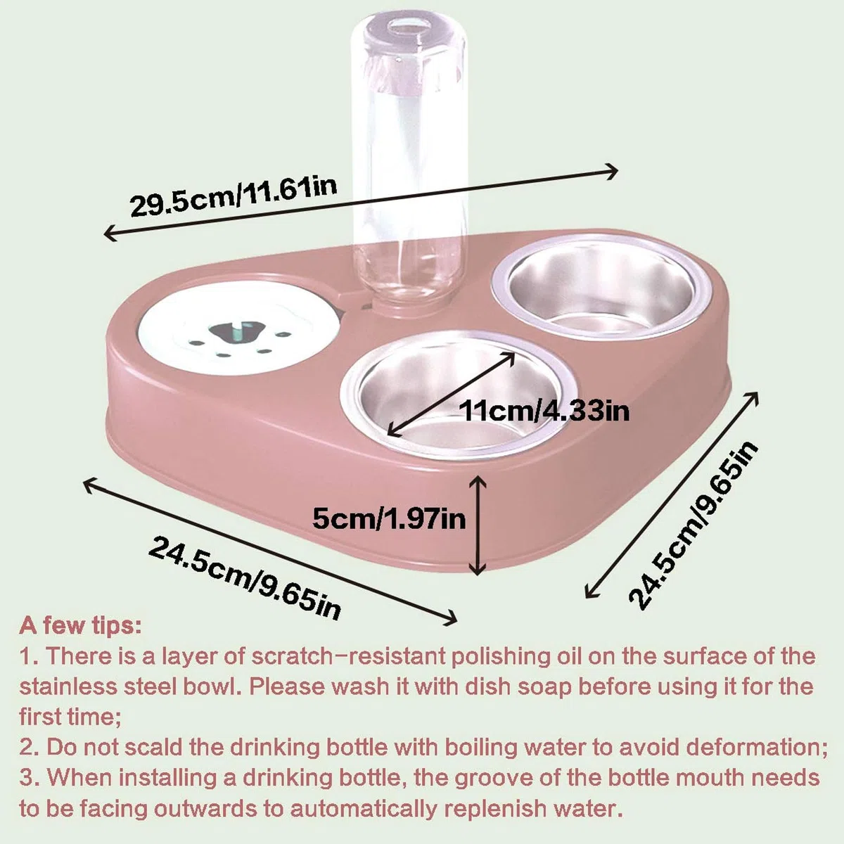 Comedero for Gatos de Acero Inoxidable 3 en 1, Doble, con depósito automático Agua for Perros y(Pink)