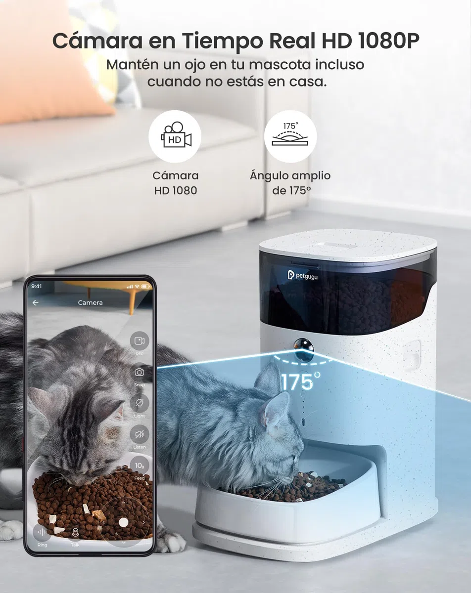 PETGUGU Comedero Gato Automático con App, Dispensador Comida Gatos Inteligente con Cámara y Voz, Temporizador y Cuencos Cerámicos