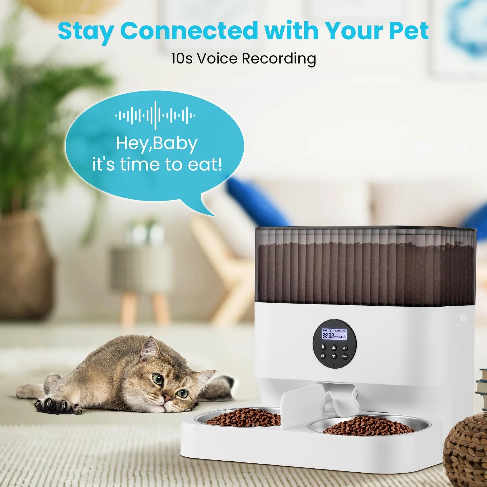Sailnovo Comedero Automático para Dos Gatos, Dispensador con Dos Cuencos de Acero Inoxidable, Recordatorio de Voz 10s, hasta 80 Porciones y 4 Comidas al Día para Perros y Gatos, Blanco-5L