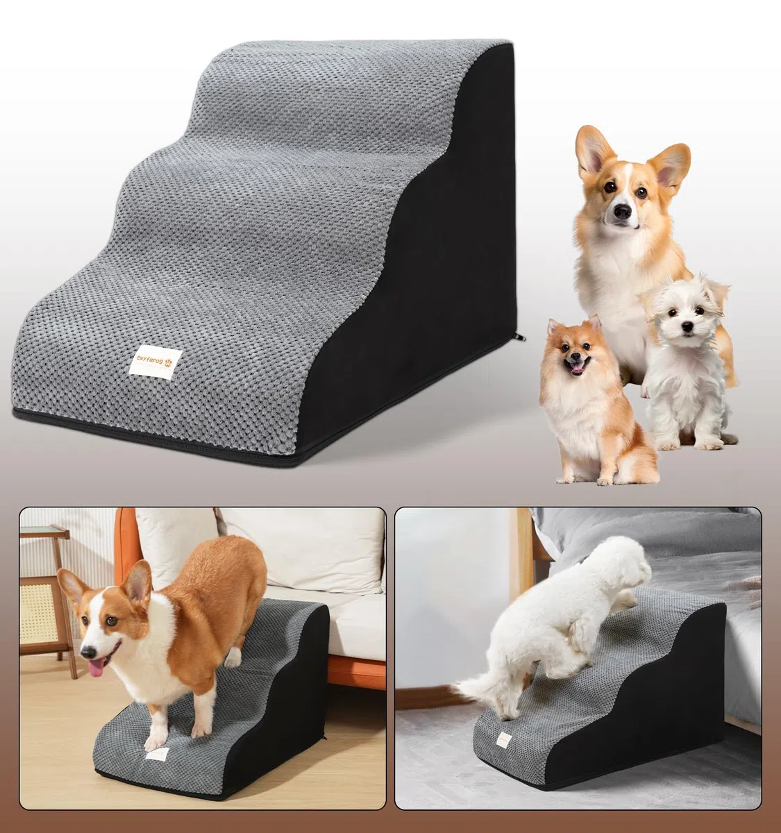 Escalera para perros de 40 cm para perros pequeños, impermeable, lavable, 3 peldaños, de espuma, antideslizante, para gatos lesionados, 40 cm