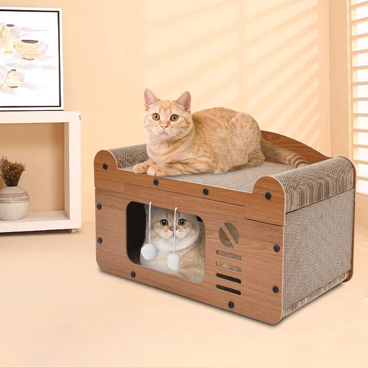 Rascador para gatos, cueva para gatos con tabla rascadora, cama para gatos de 2 pisos con pelota de juego, casa para gatos interior de cartón, cartón rascador para gatos, almohadilla rascador para