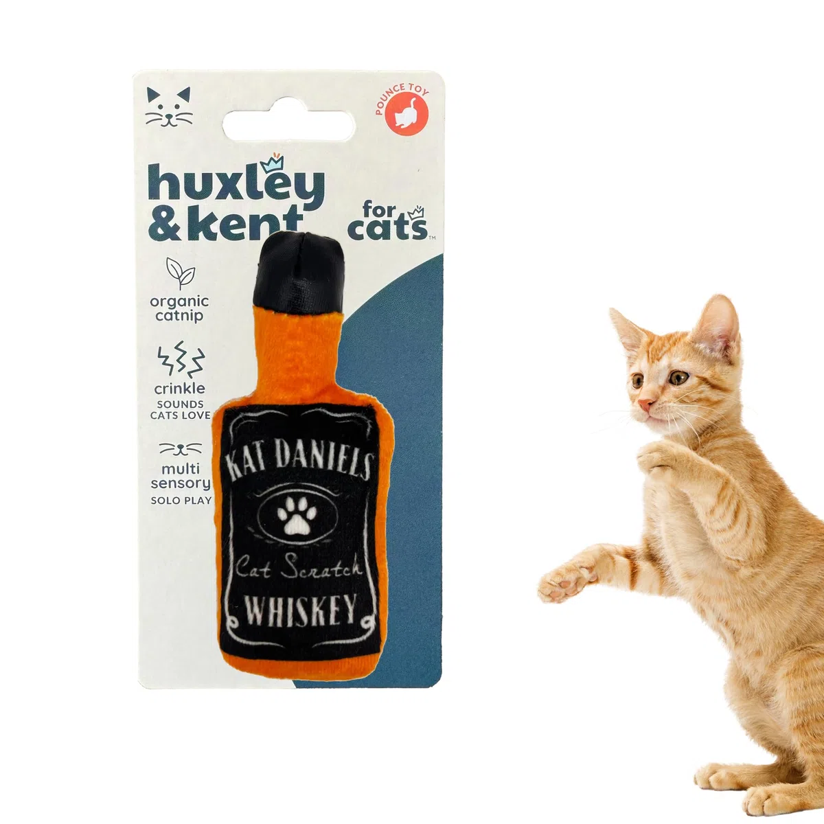 Huxley & Kent Juguete para gatos | Whisky Kat Daniels | Juguete fuerte para gatos relleno de hierba gatera | Juguete de peluche suave con hierba gatera y arrugas | Kittybelles