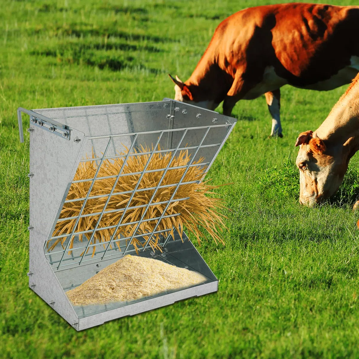 Comedero para caballos para heno con gancho ajustable, comedero para ovejas en granjas de ganado en interiores y exteriores, hasta 30 kg (plata)