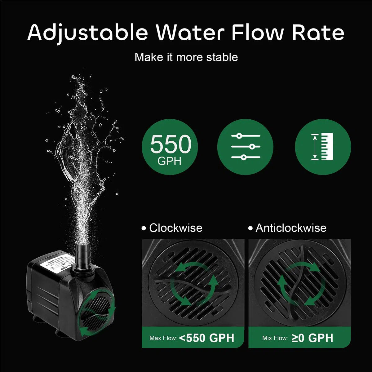GROWNEER Bomba sumergible de 550 GPH de 30 W, bomba de agua ultra silenciosa, 2000 l/h, con elevación de 7 pies de altura, 3 boquillas, tubo de 4.9 pies para acuario, pecera, estanque, hidroponía,