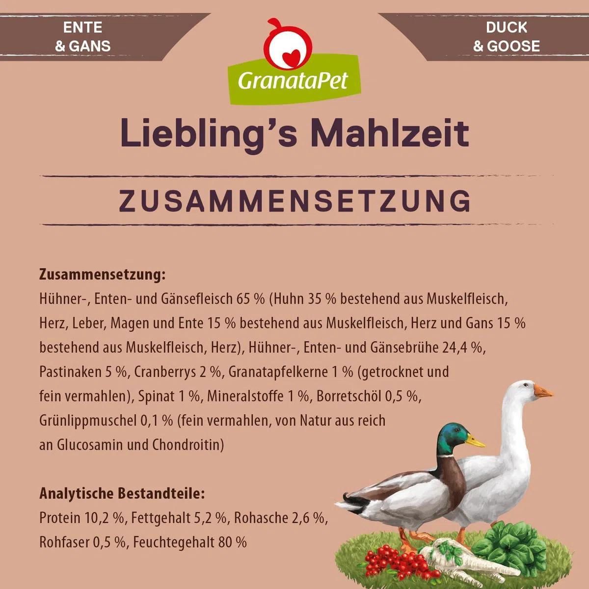 GranataPet Liebling's Mahlzeit Pato & Gans, Comida húmeda para Perros, Comida para Perros sin Cereales y sin azúcares, pienso Completo, 12 x 800 g