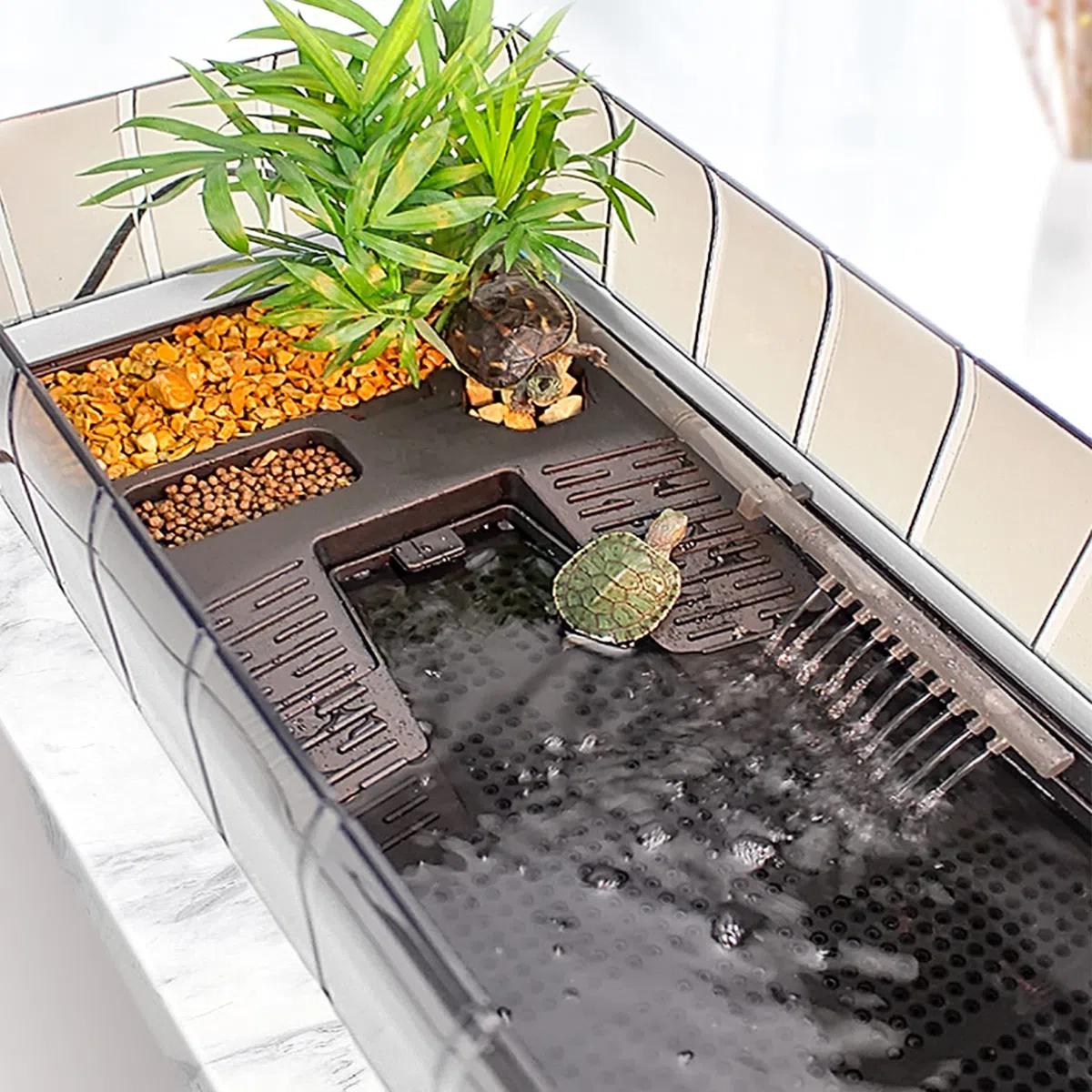 Acuario de tortugas con plataforma y plantas, fácil cambio de agua y limpieza, kit de hábitat duradero para reptiles