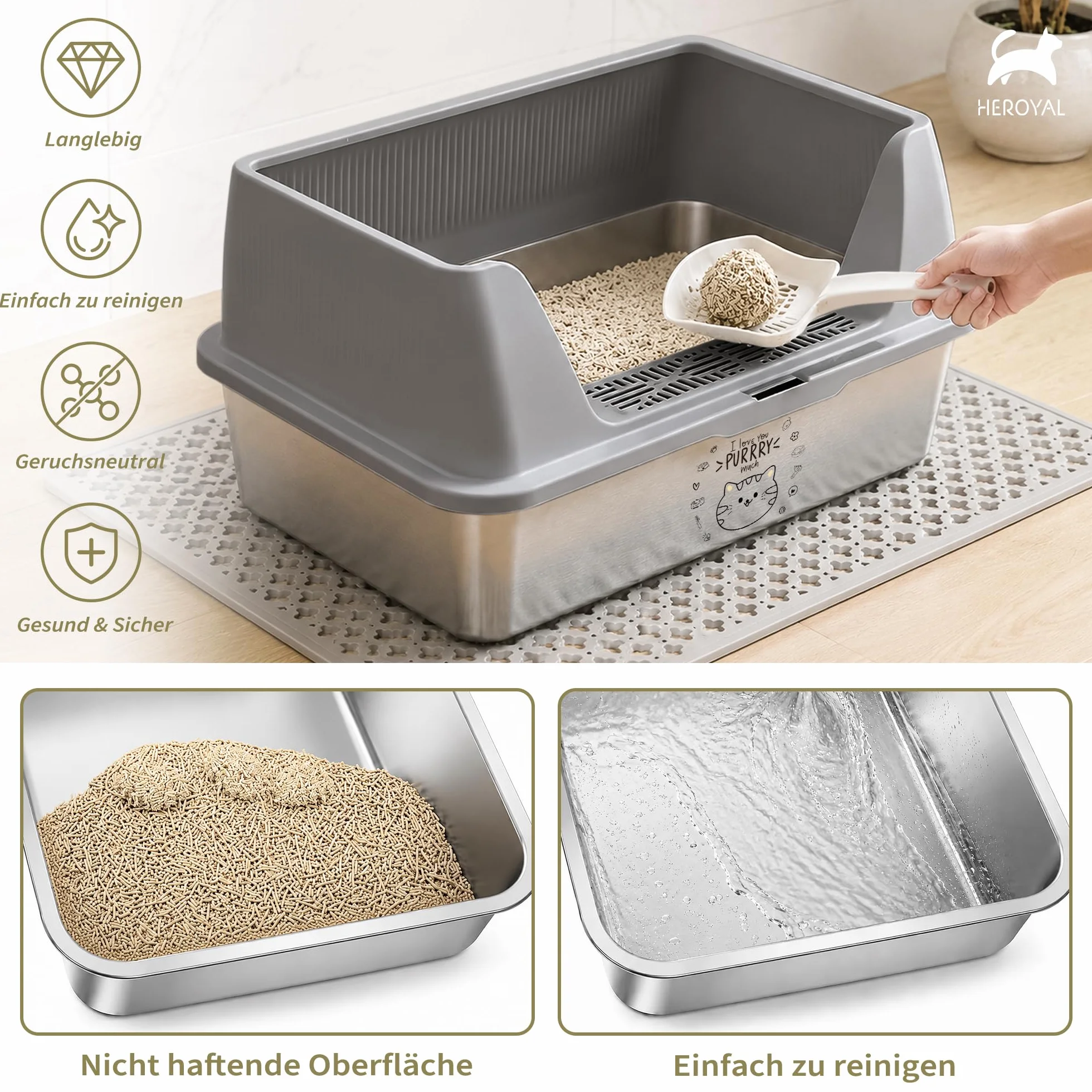 Caja de arena para gatos de acero inoxidable XXXL con adhesivo DIY (60 x 40 x 30 cm), 37 L, acero inoxidable con tapa, gran capacidad, a prueba de fugas y salpicaduras, fácil de poner y quitar, fácil