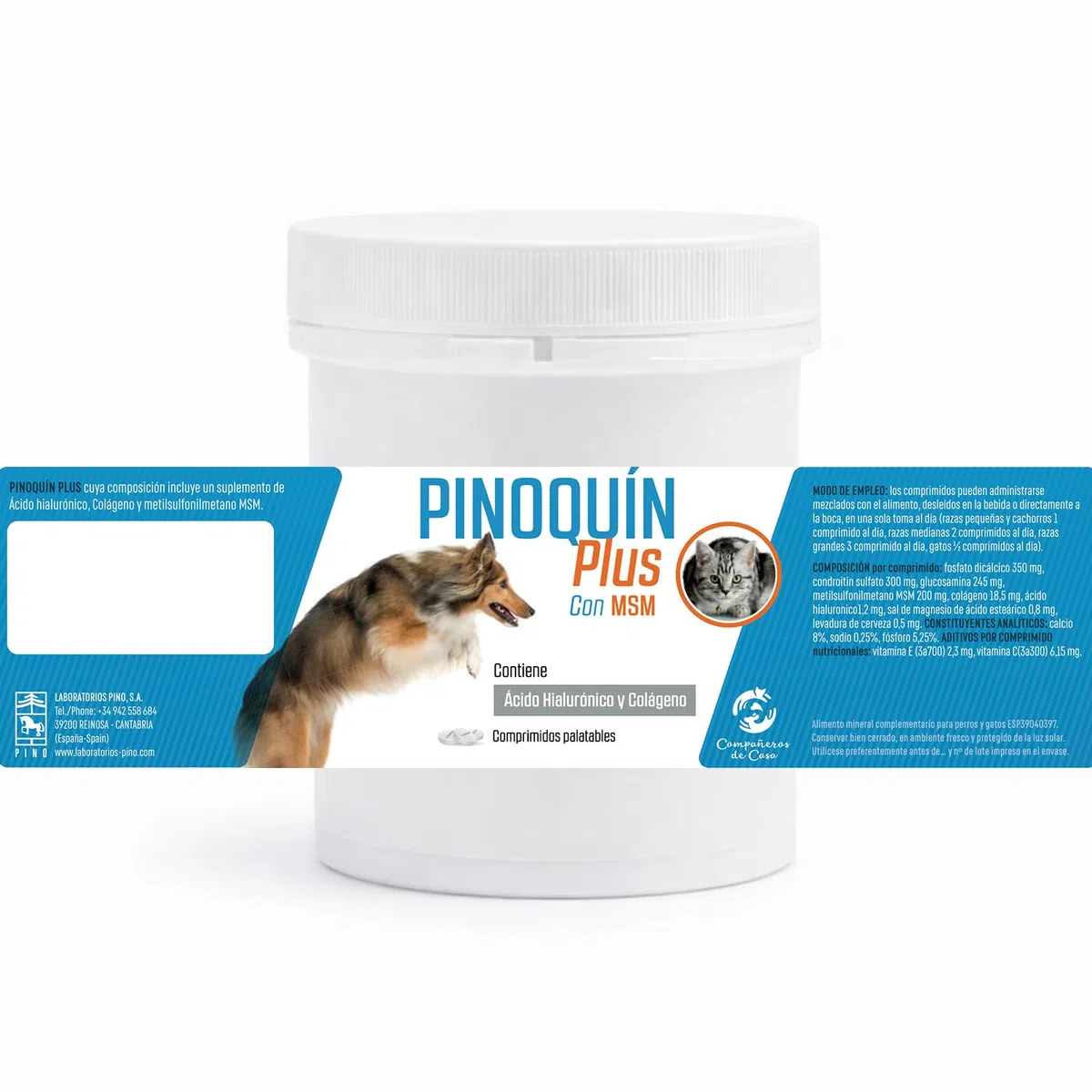 Laboratorios Pino Pinoquin Plus Condroprotector para Perros y Gatos con MSM, Glucosamina, Condroitina, Colágeno y Ácido Hialurónico, Apoyo Articular 160 Comprimidos