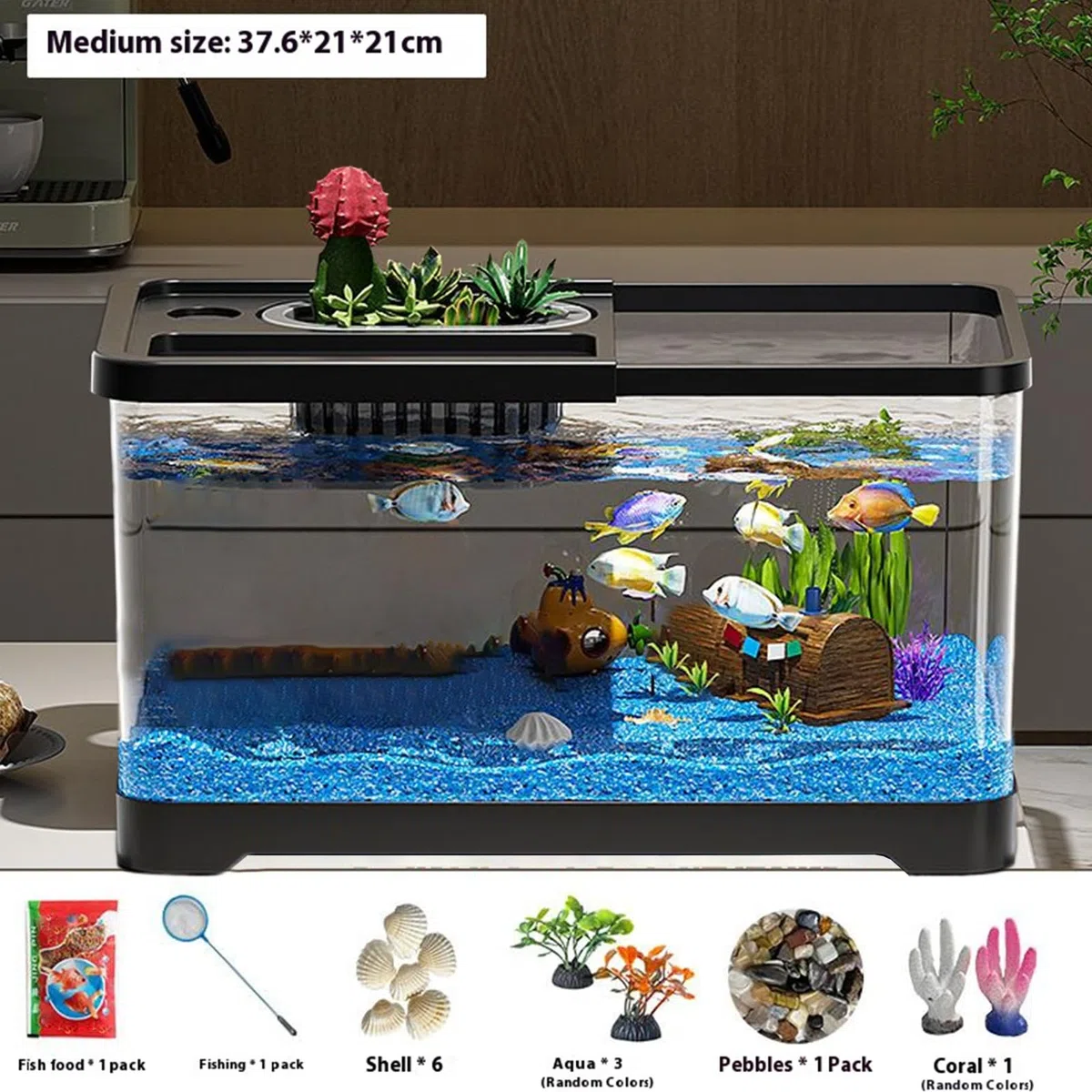 Acuario para Principiantes,con Luces LED Y Accesorios Decorativos | Decoración Estética Submarina para Hogar, Habitación Infantil Y Escritorio