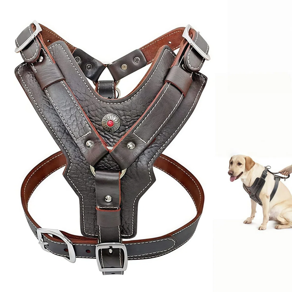 Arnés para Perro de Alta Resistencia Sin Tirones para Perros Grandes Arnés Chaleco Acolchado de Cuero Suave Ajustable con Asa 2 Anillos Metálicos para Razas Gigantes,XXL
