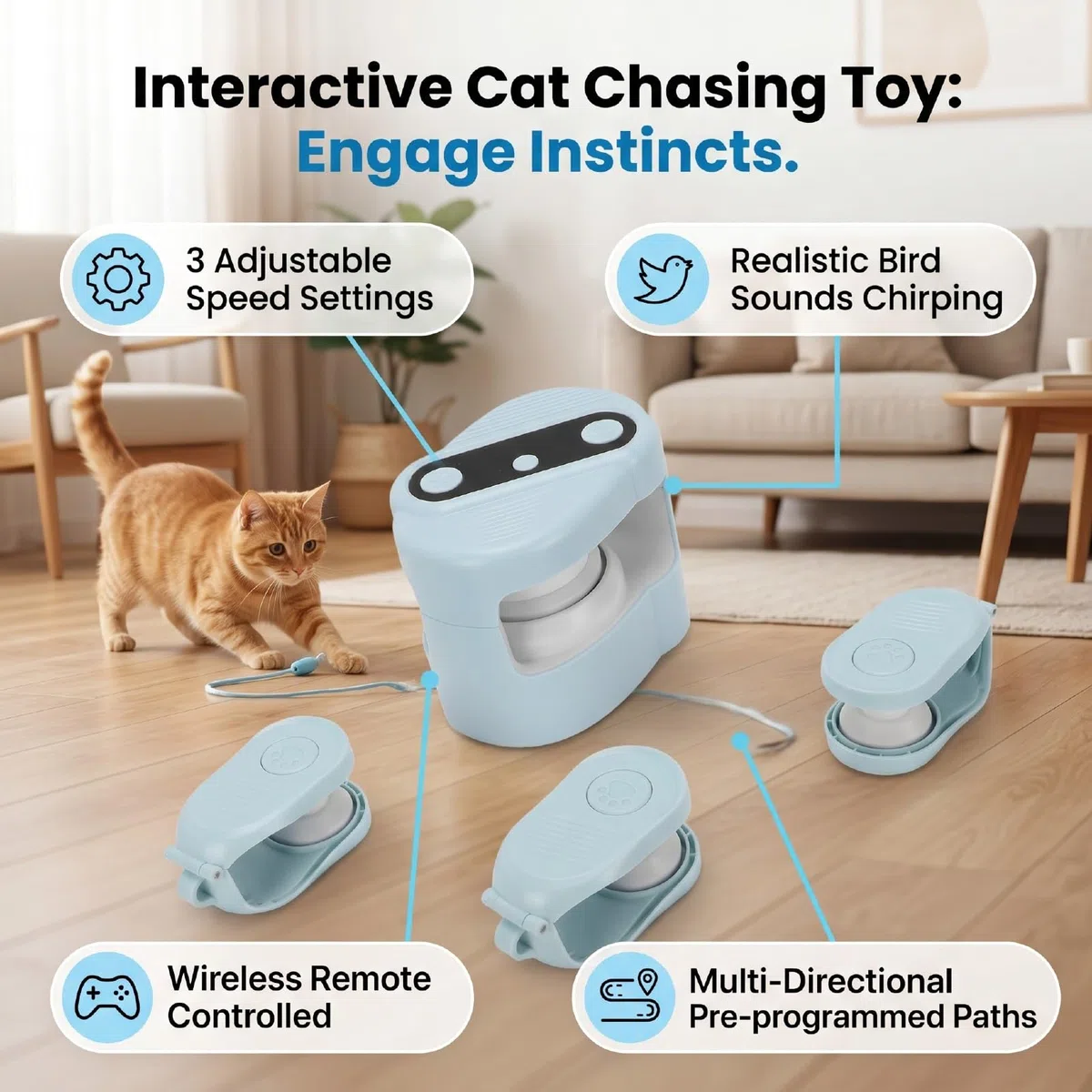 Juguete Interactivo para Gatos con Control Remoto, con Chirridos de Pájaros Realistas, Oruga Móvil para Gatos para Estimular los Instintos Naturales (Blue)