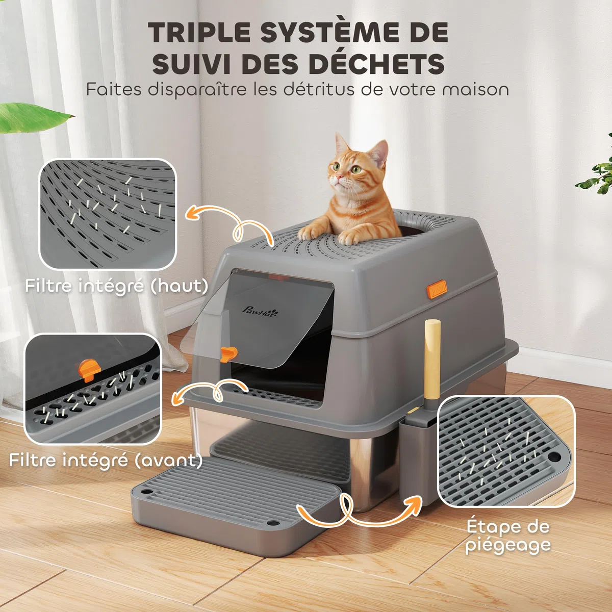 PawHut - Bandeja de Arena Cerrada XL de Acero Inoxidable, casa de Aseo para Gatos Grandes, Limpieza fácil, con Tapa, Marcha antidispersión, Pala y Doble Entrada, 60 x 40 x 38 cm, Color Gris Oscuro | Casa de aseo para gatos grandes, limpieza fácil con tapa