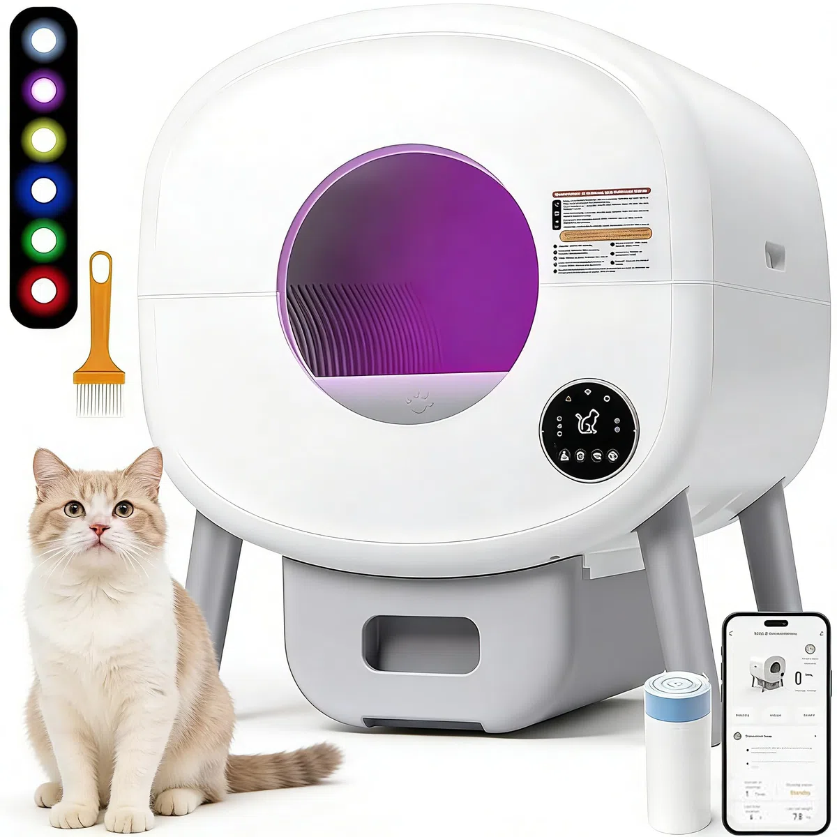 Arenero Gatos Autolimpiable, Caixa de Areia para Gatos Automatico 76L, Protección de Seguridad/Control de Aplicaciones/Inodoro/Iluminación Ambiental, Arenero Automatico para Varios Gatos
