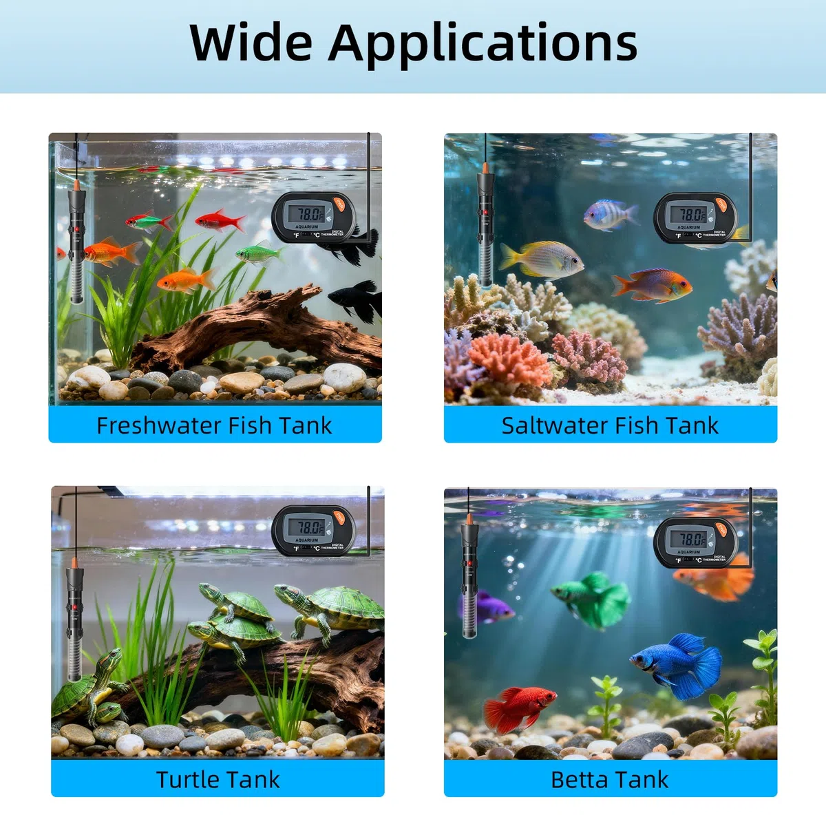 HiTauing Calentador de Acuario de 25 W/50 W/100 W/200 W/300 W, Calentador de pecera Ajustable con termómetro Digital, Calentador Sumergible de Tanque de Betta/Tortuga para Tanques de Agua Dulce y