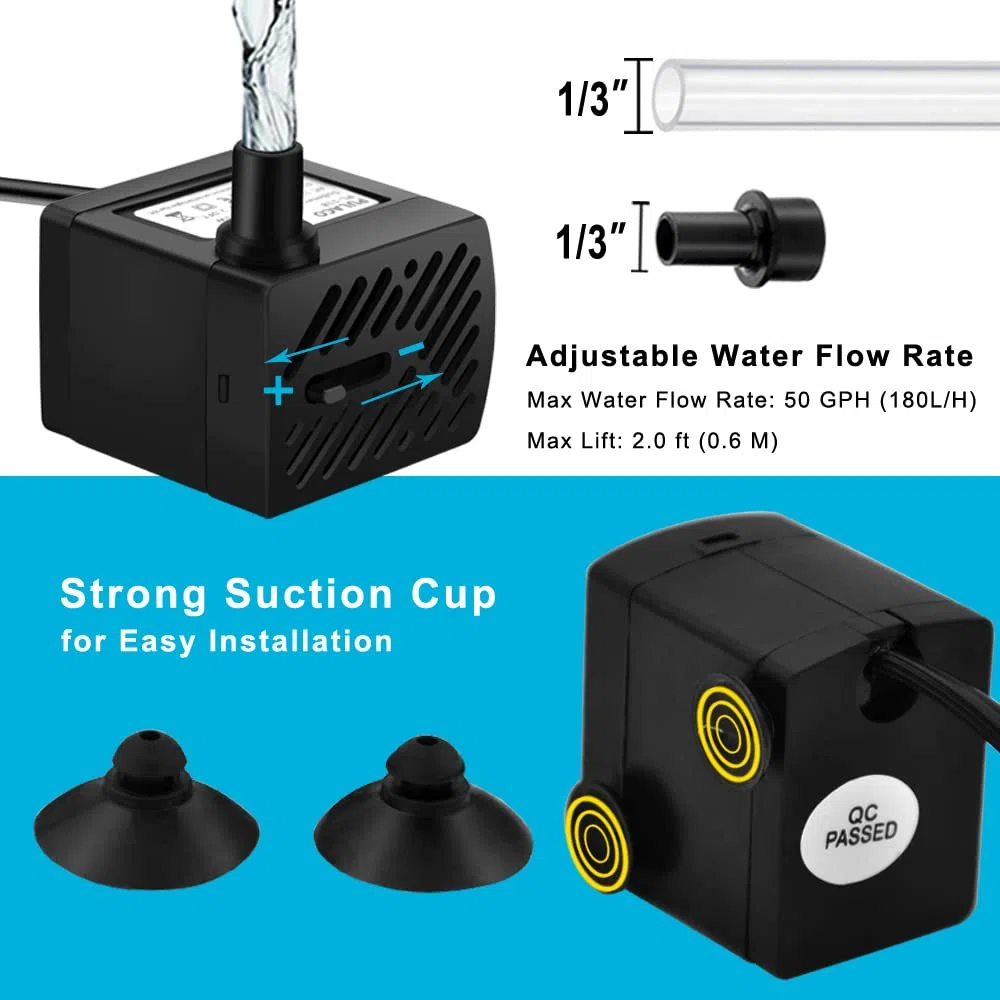 PULACO 2 mini bombas de fuente (50 GPH 3 W), bomba de agua sumergible ultra silenciosa para acuario, tanque de peces pequeño, fuente de agua para mascotas, fuentes de mesa, jardines de agua y sistemas