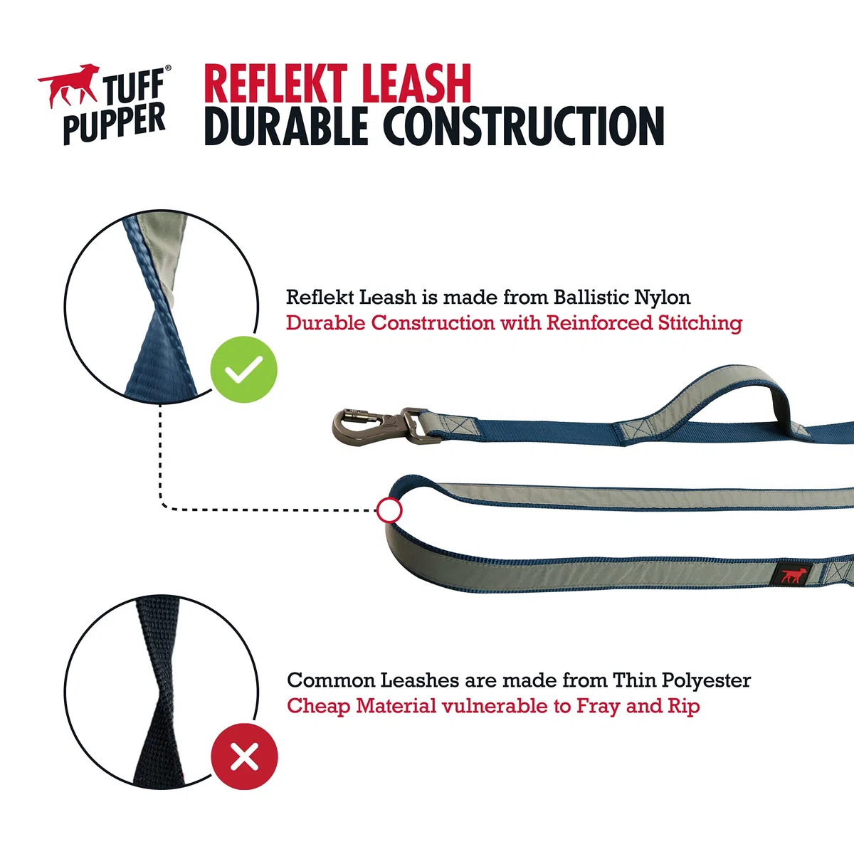 Tuff Pupper Correa de Perro Resistente, Correa de Perro de Doble asa para Sujetar Perros Fuertes, Correa de Perro de 6 pies con Clip bloqueable para Seguridad Marcha Roja 6 pies de Largo