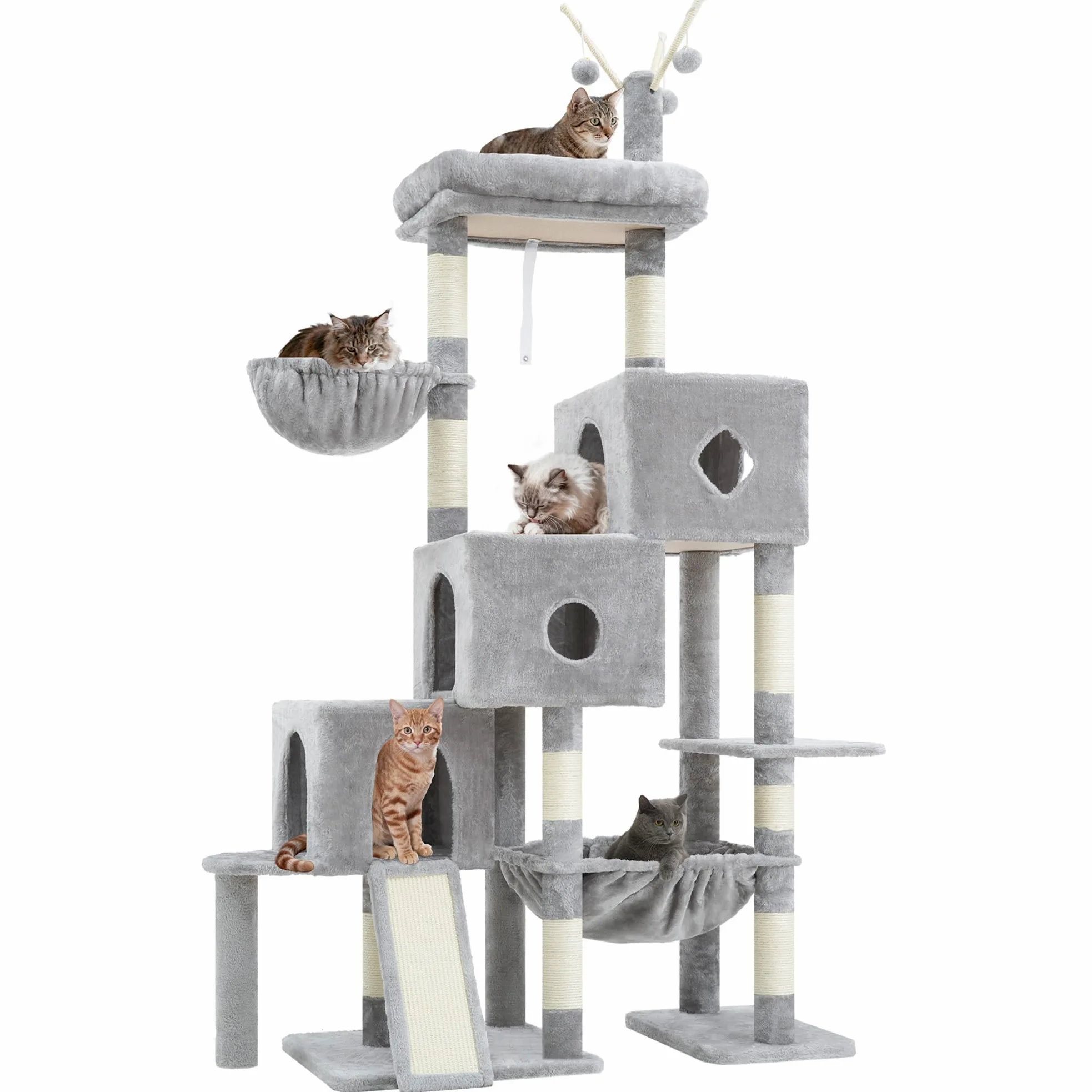 Hey-brother Árbol rascador para Gatos Grandes, 160 cm, 3 Camas, Hamaca Grande, Superficie de Descanso y Tabla rascadora de sisal, Gris Claro EMPJ081W